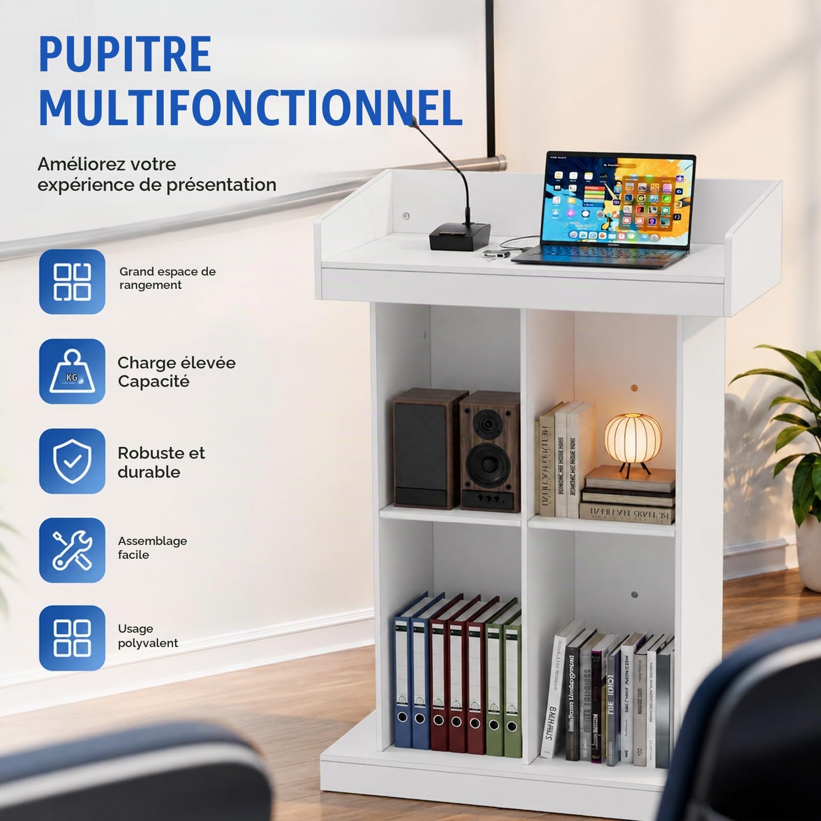 Pupitre de Conférence, Lutrin / pupitre debout Comptoir d'accueil Professionnel Bureau d'accueil avec LED à 16 couleurs de Stockage pour Présentation Réception Bureau École Église Restaurant, Blanc