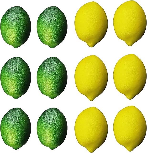 12 PCS Artificial Lemons and Limes, Fake Fruit Faux Lifelike Simulation Lemon for Home House Kitchen Party Decoration (Green lemon+Yellow lemon)