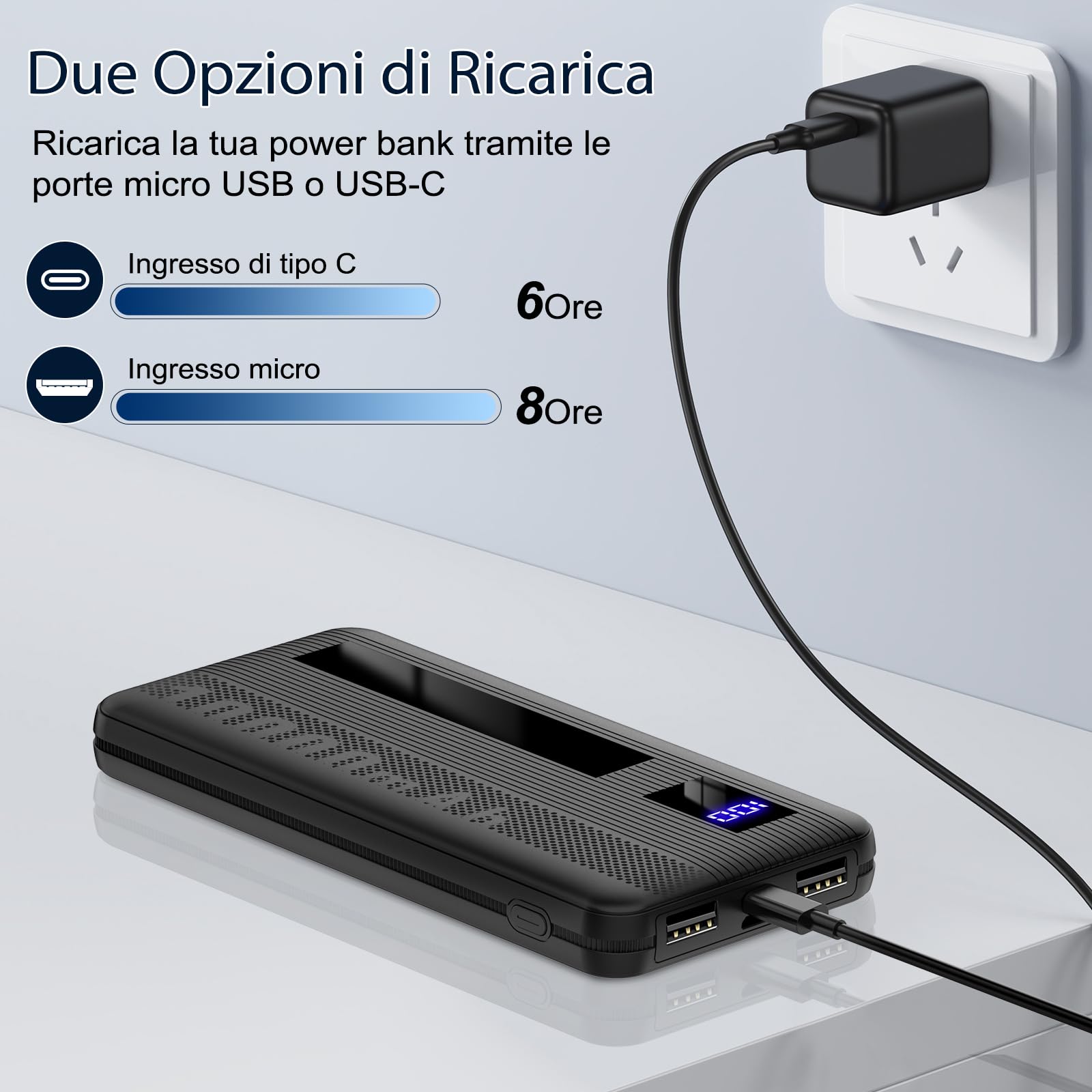 Dbasne Power Bank, 10000mAh powerbank,15W compatta Caricatore Portatile, con USB Input (USB C) & Output Batteria Esterna con Display Digitale LED per iPhone Samsung Huawei Xiaomi ecc(2024 nero)