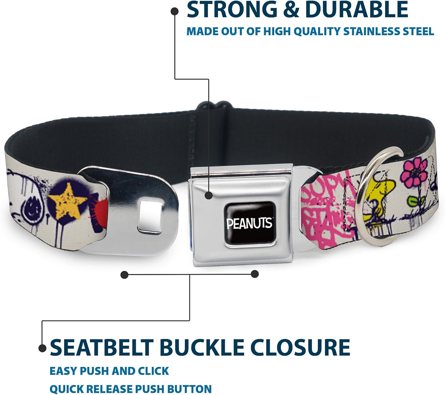 Peanuts Worldwide LLC Pet Collar, Dog Collar Metal Seatbelt Buckle, Peanuts Snoopy and Woodstock Graffiti Collage Multi Color, 16 to 23 Inches 1.5 Inch Wide
