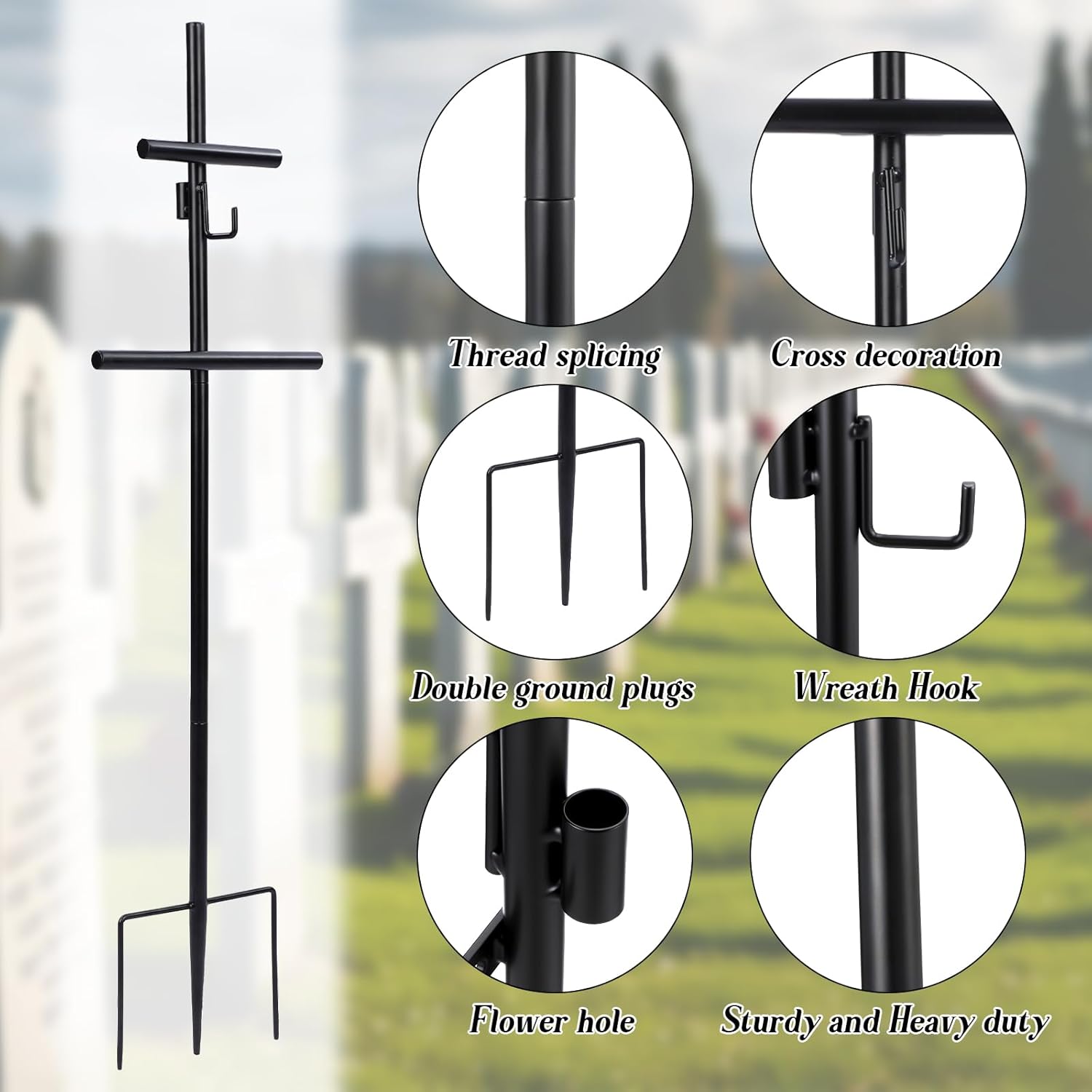 Frienda Adjustable Wreath Stand for Cemetery, Black Cross Design with Hook for Hanging Wreath & Hole for Floral Arrangement, Outdoor Memorial Decoration, Height Adjustable from 23.6" to 35.4"