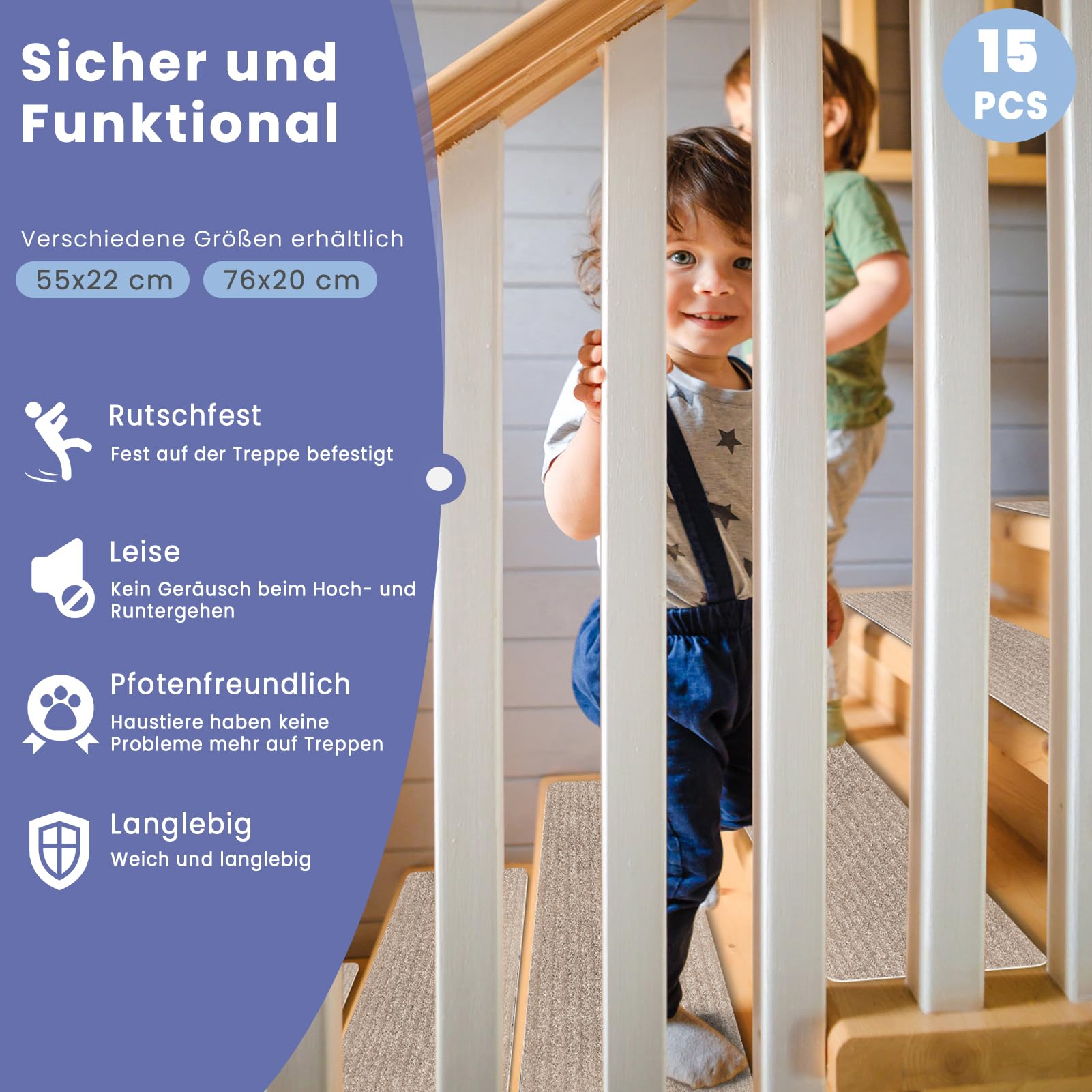 Treppenstufen Matten, Stufenmatten Selbstklebend Innen 15 Stück, Treppenstufen Antirutsch Zuschneidbar Wiederverwendbar für Schützen Sie Haustiere, Senioren Kinder (Beige, 76cm x 20cm)