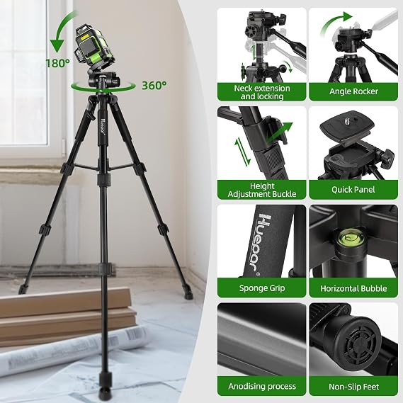 Huepar Laser Level 360 with Tall Tripod, Self Leveling Rechargeable Lazer Leveler for Construction and Picture Hanging, Nivel Laser with Pluse Mode for Outdoor, Hard Carry Case, 50 Tripod, Glasses