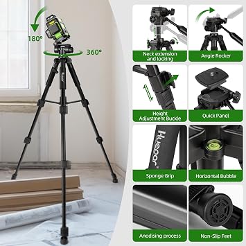 Huepar Laser Level 360 with Tall Tripod, Self Leveling Rechargeable Lazer Leveler for Construction and Picture Hanging, Nivel Laser with Pluse Mode for Outdoor, Hard Carry Case, 50 Tripod, Glasses