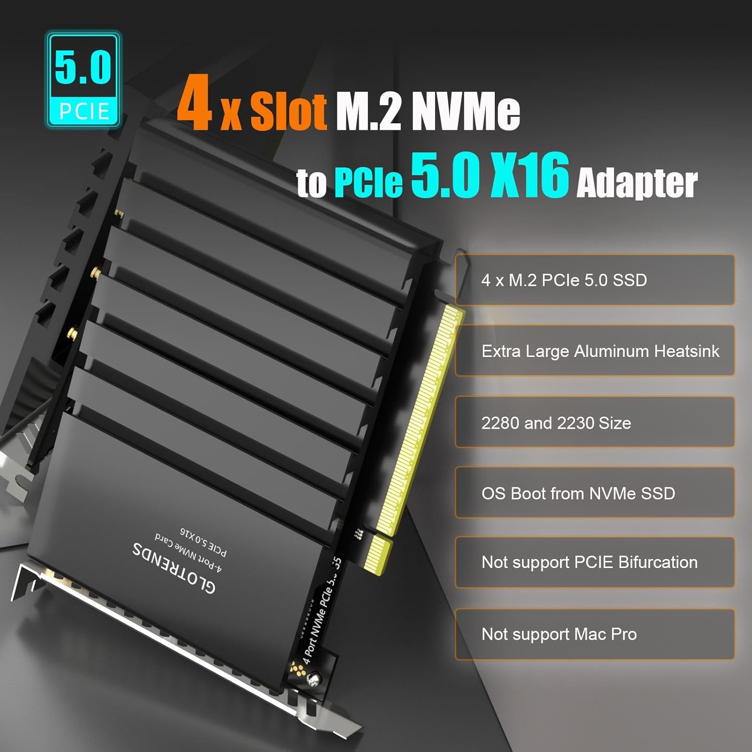 GLOTRENDS PA54 Quad M.2 NVMe to PCIe 5.0 X16 Adapter, Up to 512 Gbps for AMD and Intel Platform RAID Function, Support 2280/2230 Size (PCIe Bifurcation Motherboard is Required)