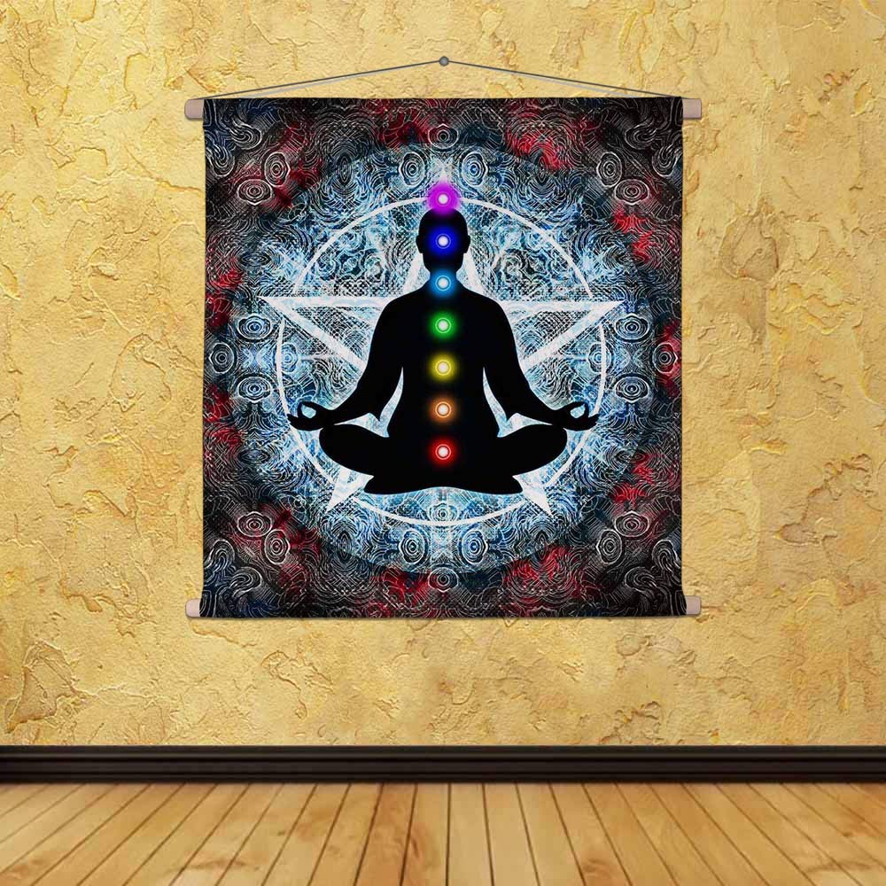 Indian Collectible - Arazzo da appendere in tessuto di seta, motivo: meditazione con chakra, 76 x 76 cm