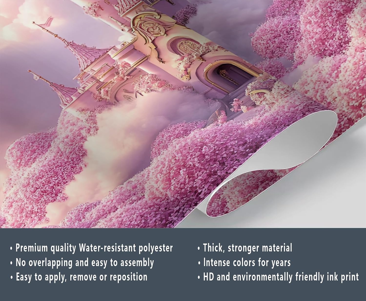 Pink Castle Wall Mural, Princess Dream Flower Castle 3D Wallpaper, Large Mural for Farmhouse Living Room Bedroom Sofa TV Background Decor - 98.4" W x 68.9" H