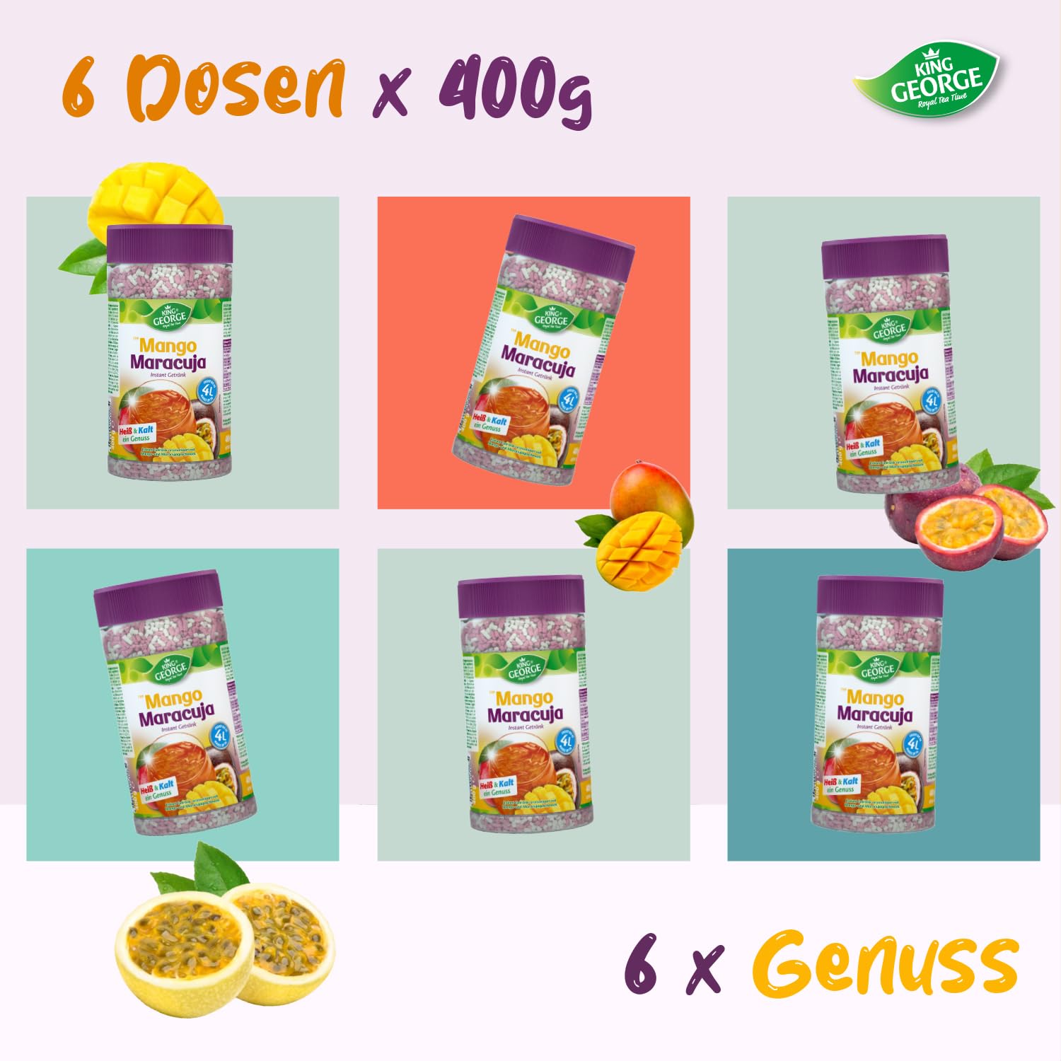 KING GEORGE - Royal Tea Time, sabor a maracuya, bebida instantánea de 6 x 400 g, 1 lata da hasta 4 litros de bebida refrescante caliente y fría