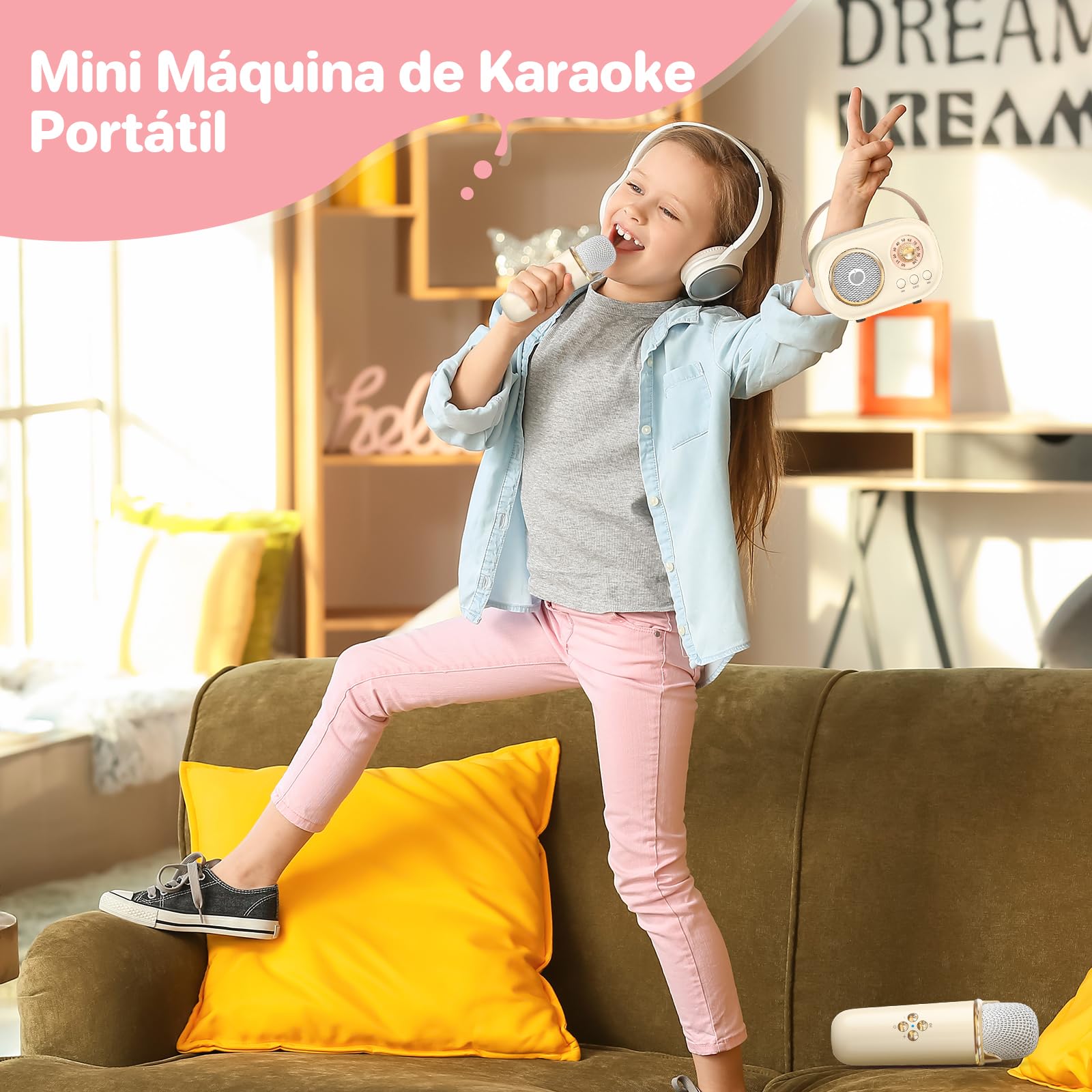 Mini Máquina de Karaoke para Niños Adultos,Altavoz Bluetooth Portátil con 2 Micrófonos Inalámbricos, Regalos Juguetes para Niñas 3, 4, 5, 6, 7, 8+ Años Cumpleaños Fiesta Familiar en Casa-Beige