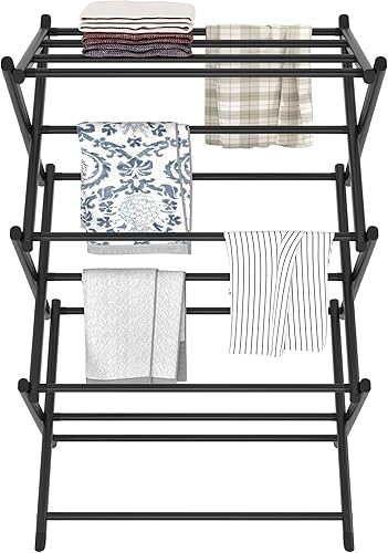 Miniatura 7 de FKUO Estante de secado de ropa plegable para interiores para el hogar, ropa seca y colgar ropa, toallero (negro)