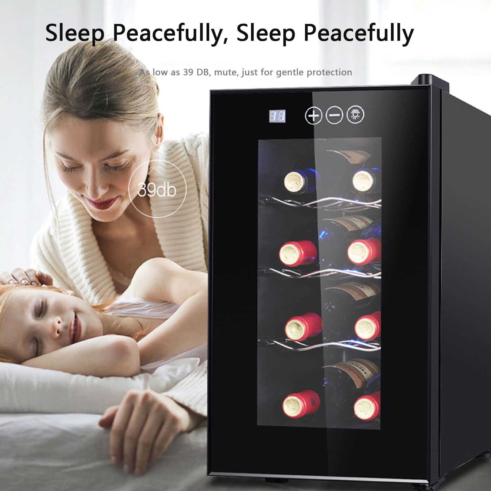 Enfriador Cava de Vinos para 8 Botellas con Panel de Control Digital, Evita Vibraciones, Iluminación LED, 8-18℃ Nevera Vinos con Estantes Extraíbles, 23L, Vinotecas Pequeñas, Negro