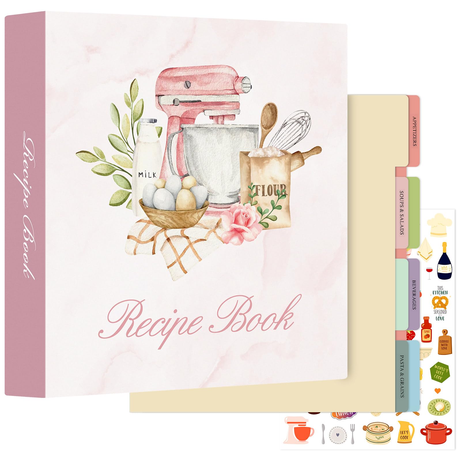 Lanpn Rezepte Ordner 3 Ringen für Kochrezepte, Kochbuch Selbst Schreiben, Leder Recipe Binder Rezeptordner mit 8 Trennblättern und 2 Aufklebern, DIY Rezeptbuch zum Selberschreiben, Rose, Englisch