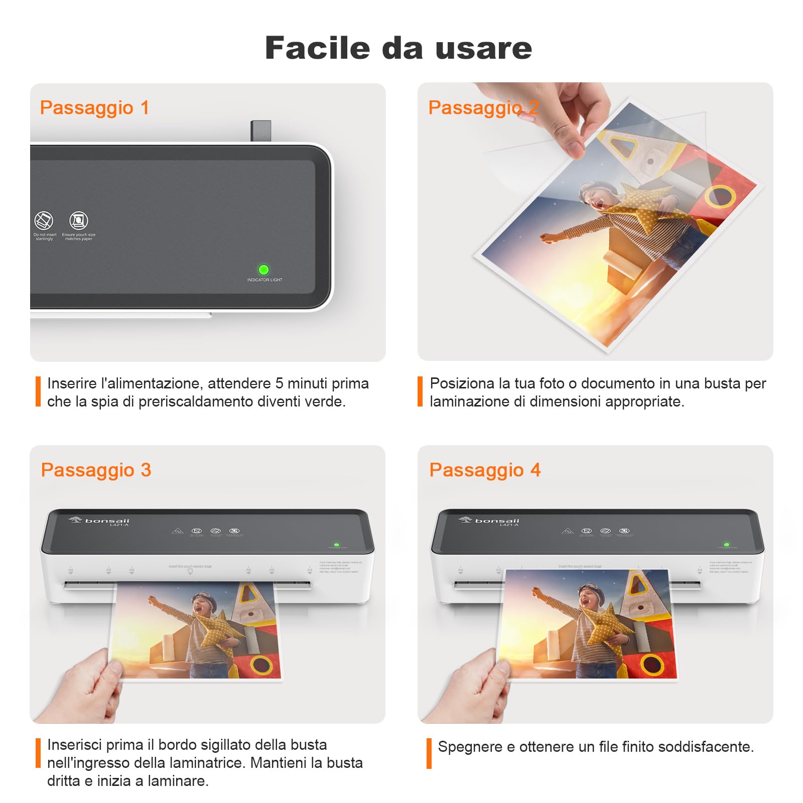 Bonsaii L421-A Plastificatrice A4 80-100 micron 5 fogli pellicola laminazione