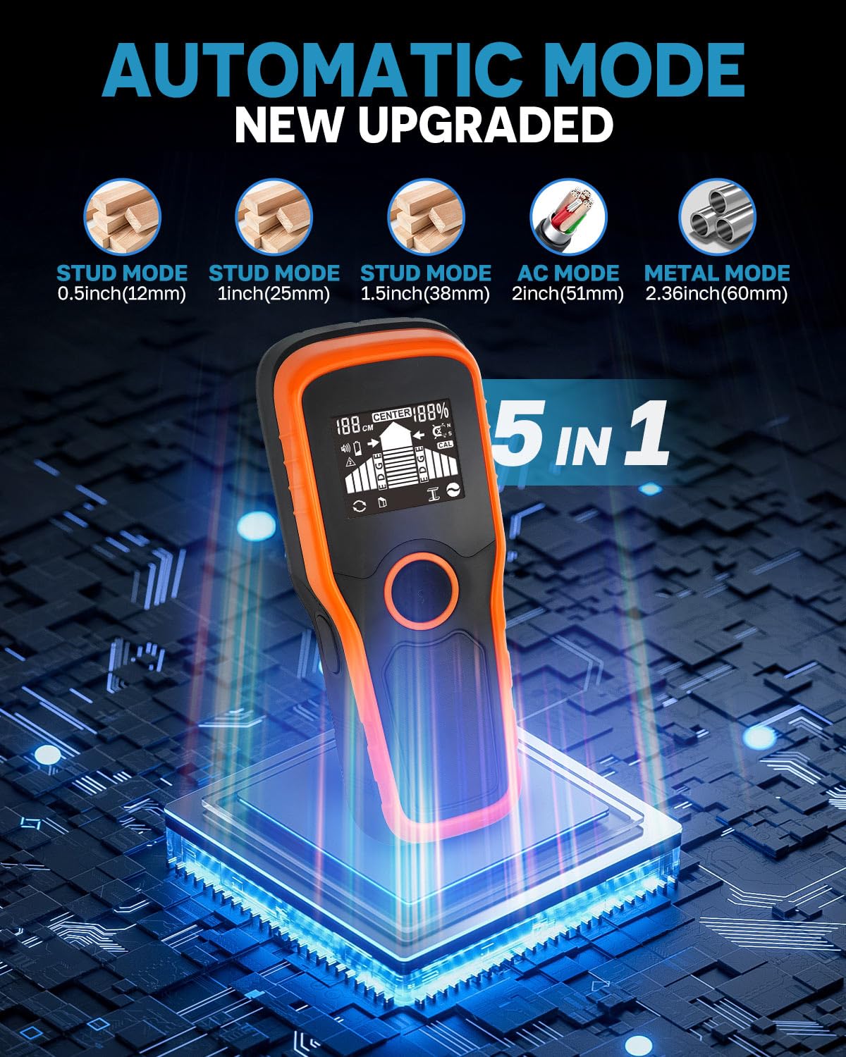 2026 Upgraded Smart Automatic Stud Finder, 5-in-1 Electronic Stud Detector Wall Scanner with LCD Display & Audio Alarm, Stud Sensor Beam Center Finding for Wood Wire Metal Stud Cable Joist Detection — view 2