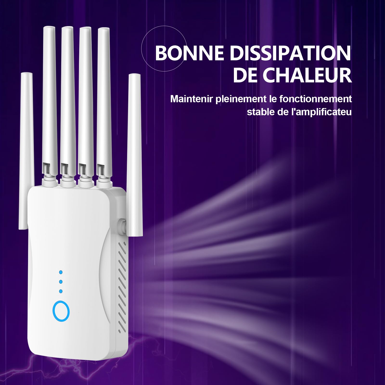 Repeteur WiFi Puissant, Amplificateur WiFi, Répéteur WiFi avec 6 Antennes, Modes (Répéteur, AP), Couverture jusqu'à 9000 pi², pour la Maison et Le Bureau, Installation Facile