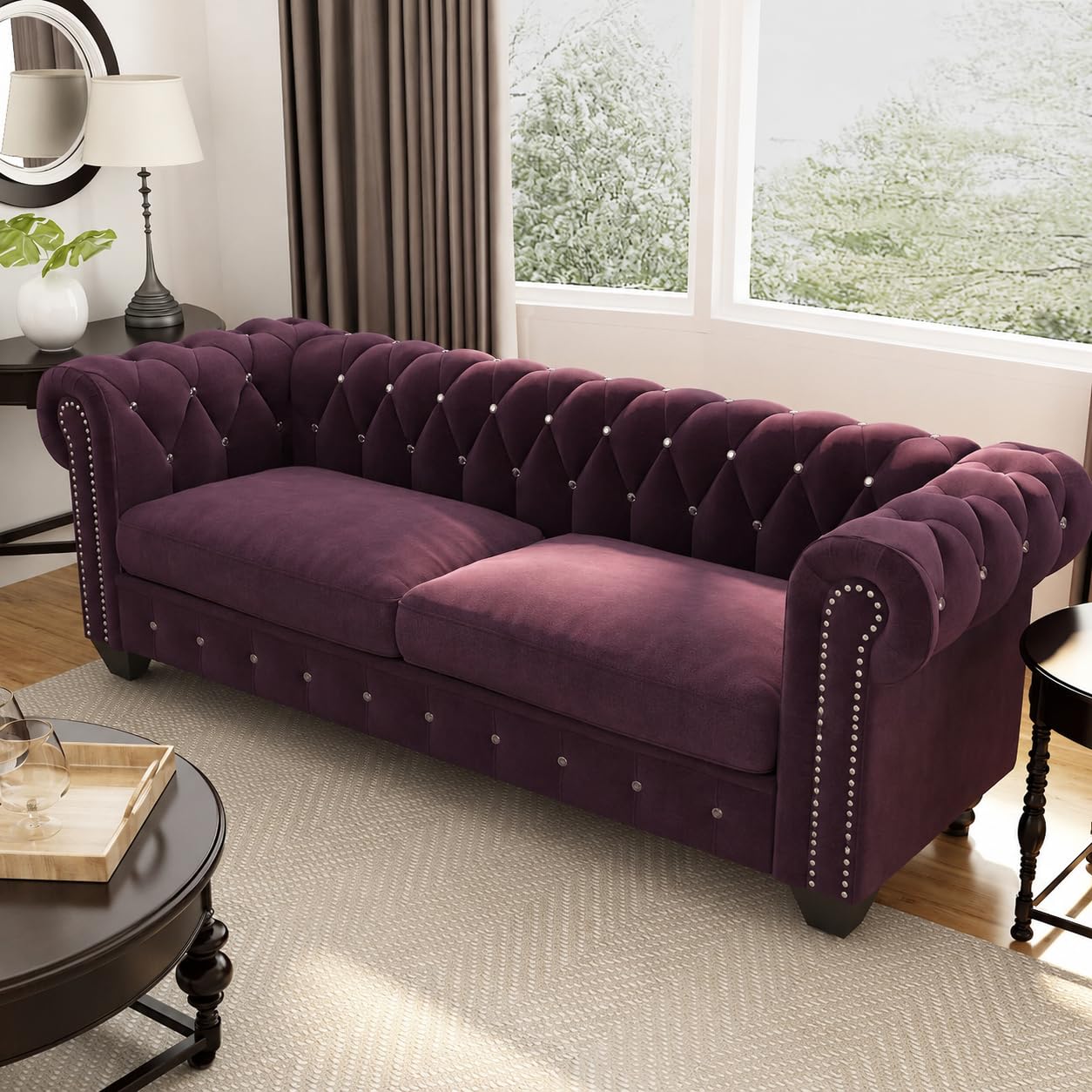 Dime Store Wooden Chesterfield Sofa 3 Seater with Button Tufted Design Solid Wood Frame Upholstered Couch with Rolled Arms | Luxury Living Room Sofa for Home, Office, Lounge & Reception (BlackBerry)-image-15