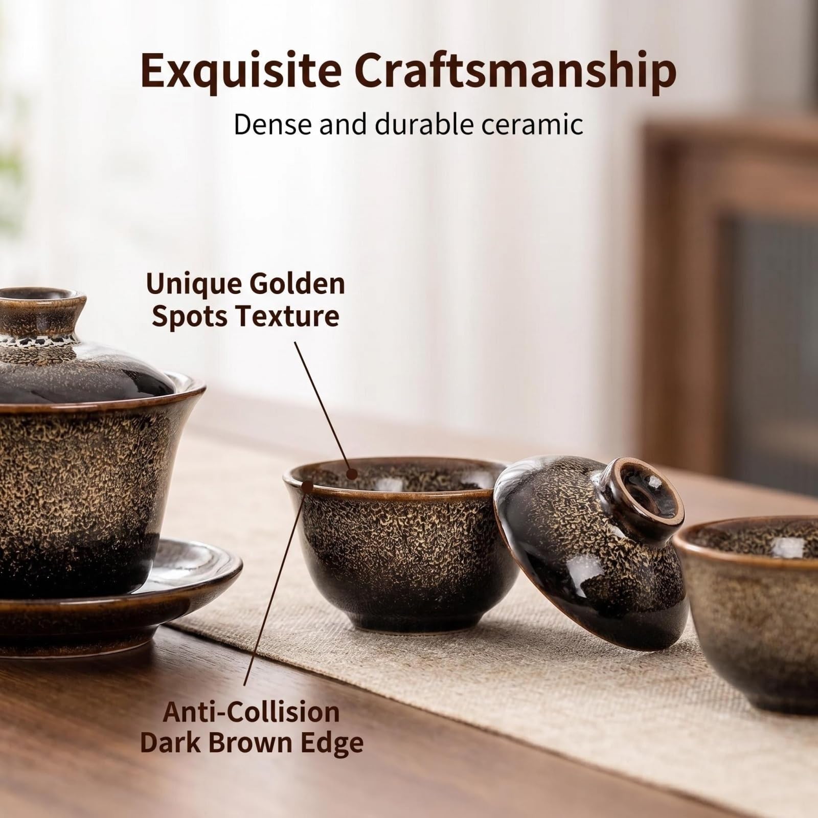 Gongfu zestaw do herbaty, 9-częściowy ceramiczny zestaw do herbaty dla dorosłych z Gaiwan, kubek Fair, sitko do herbaty i 6 filiżanek, tradycyjna chińska ceremonia parzenia herbaty niezbędna