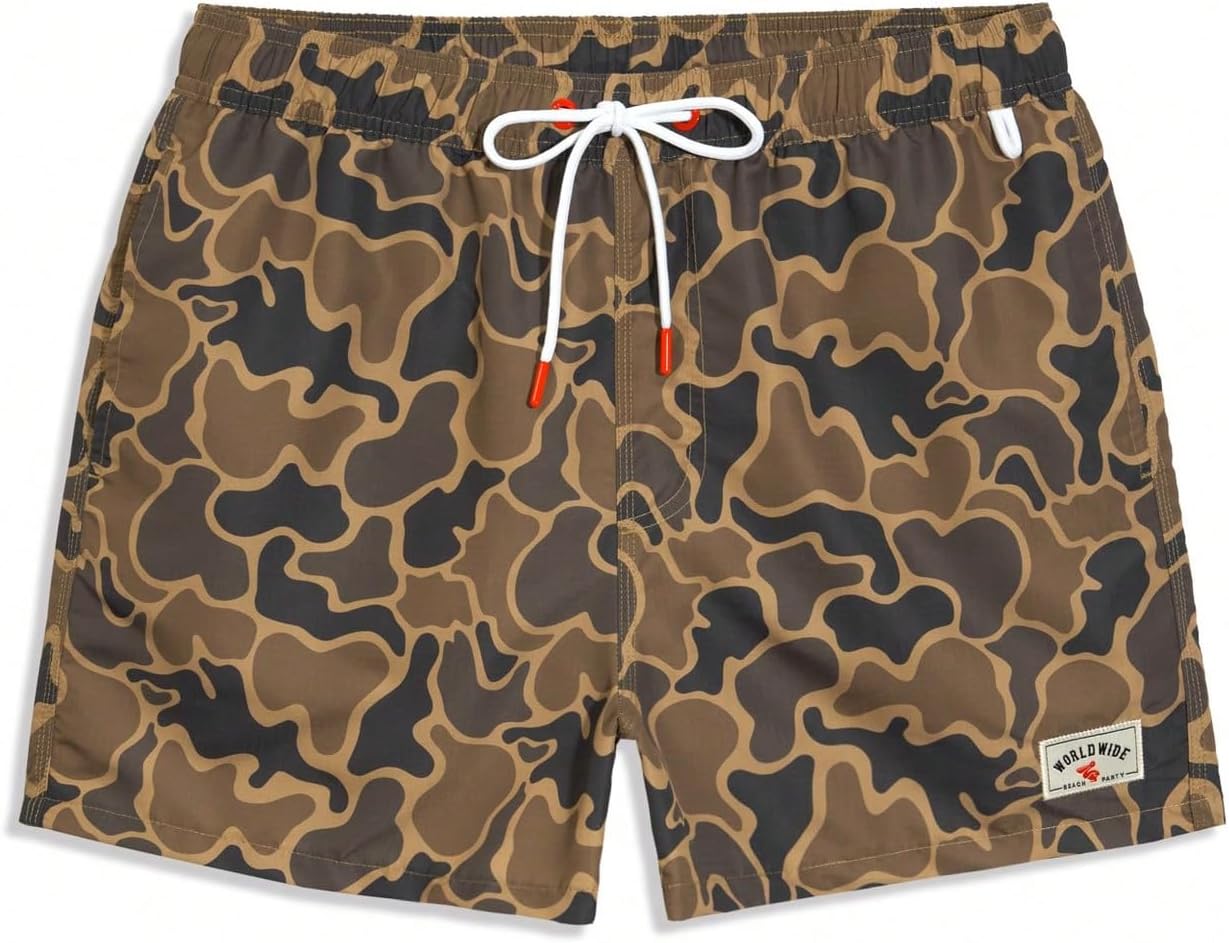 WDIRARA Men's Camo Swim Trunks Drawstring Waist Board Shorts with Lining