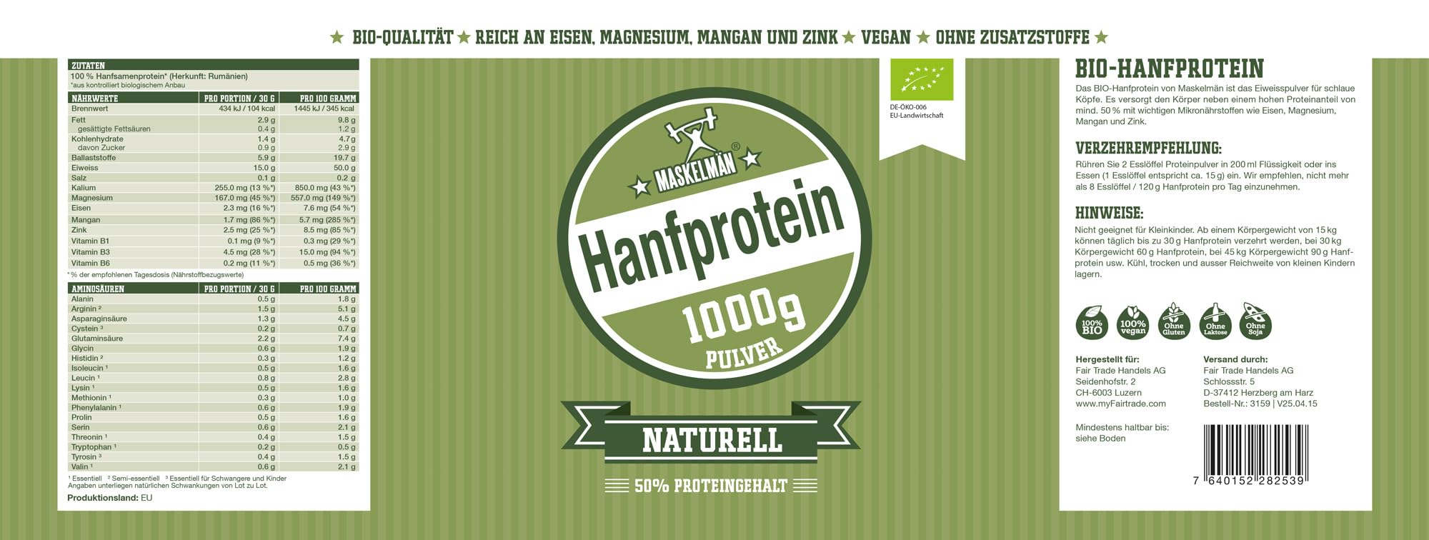 Hanfproteinpulver Bio - 1 KG - Über 50% Proteinanteil - Aus 100% Bio-Hanfsamen - Veganes Proteinpulver zur Unterstützung des Muskelaufbaus