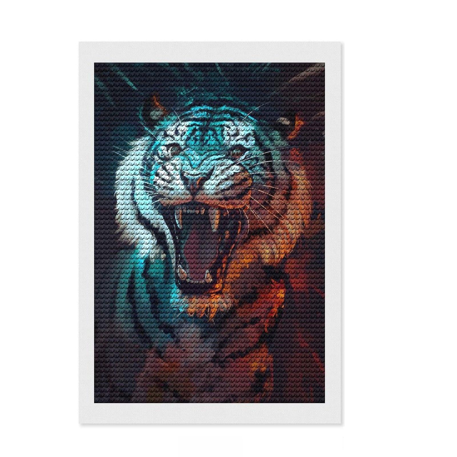 Junmoney Roaring Tiger Diamond Art Canvas 8"x12", Sparkling Round Gems, Neat Printed Canvas, with Tool Kit, Office Decor, Printed Canvas