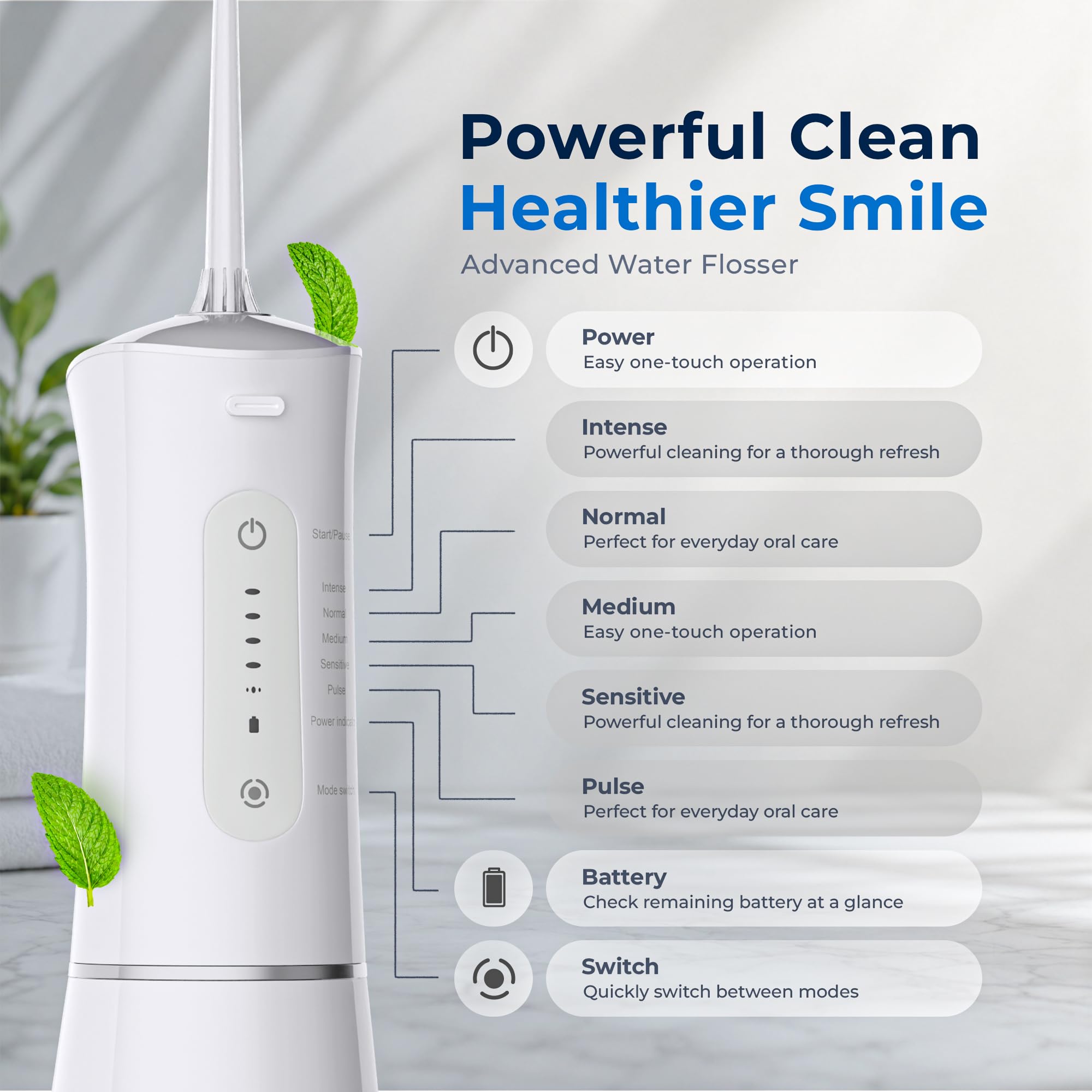 Hevva Irrigador dental de agua de 300 ml, tanque de agua de gran tamaño, recargable, IPX7, impermeable, púa de dientes, portátil, inalámbrica, irrigador bucal, máquina de limpieza de hilo dental