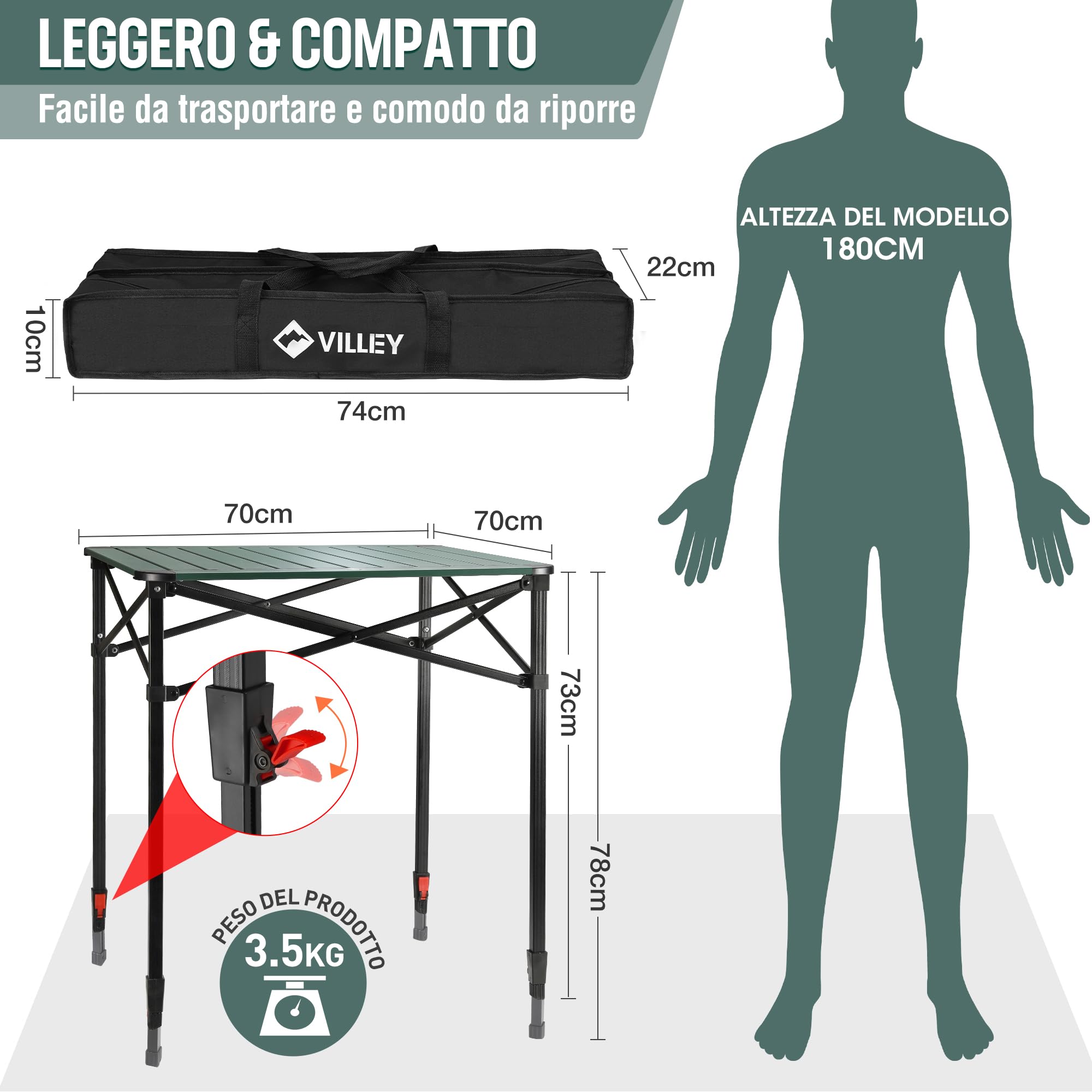 VILLEY Tavolo Pieghevole in Alluminio 70x70x78 cm con Borsa da Trasporto per Campeggio Picnic Giardino