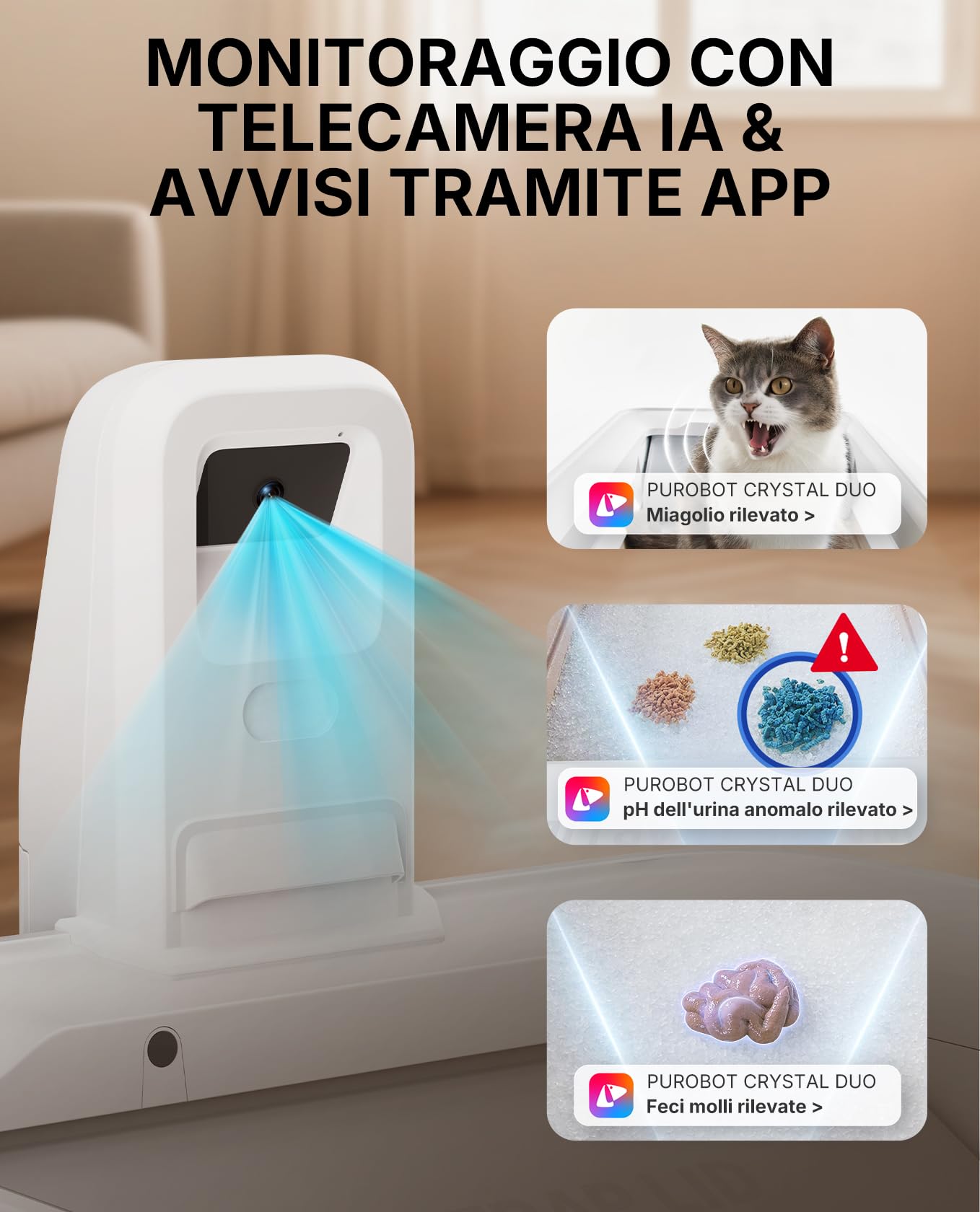 PETKIT PUROBOT CRYSTAL DUO Lettiera Gatto Autopulente con Telecamera AI, Monitoraggio APP, Deodorizzazione Doppia, Design Aperto Sicuro, Doppio Vano Raschiatura Bidirezionale per Gatti Grandi, Bianco