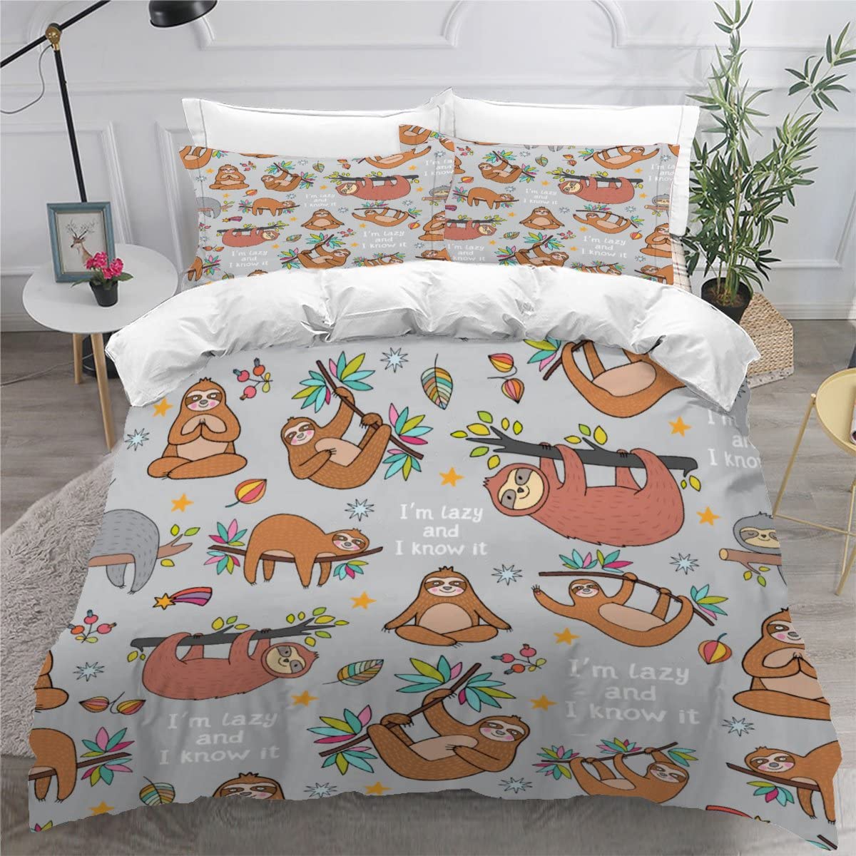 LUORU Single Duvet Cover Cute Sloth 135x200 cm 3D Printed Animal Bedding Set with Zipper Closure Ultra Soft Microfiber Kids Boys Girls Teens Comforter Quilt Cover with 2 Pillowcase 50x75