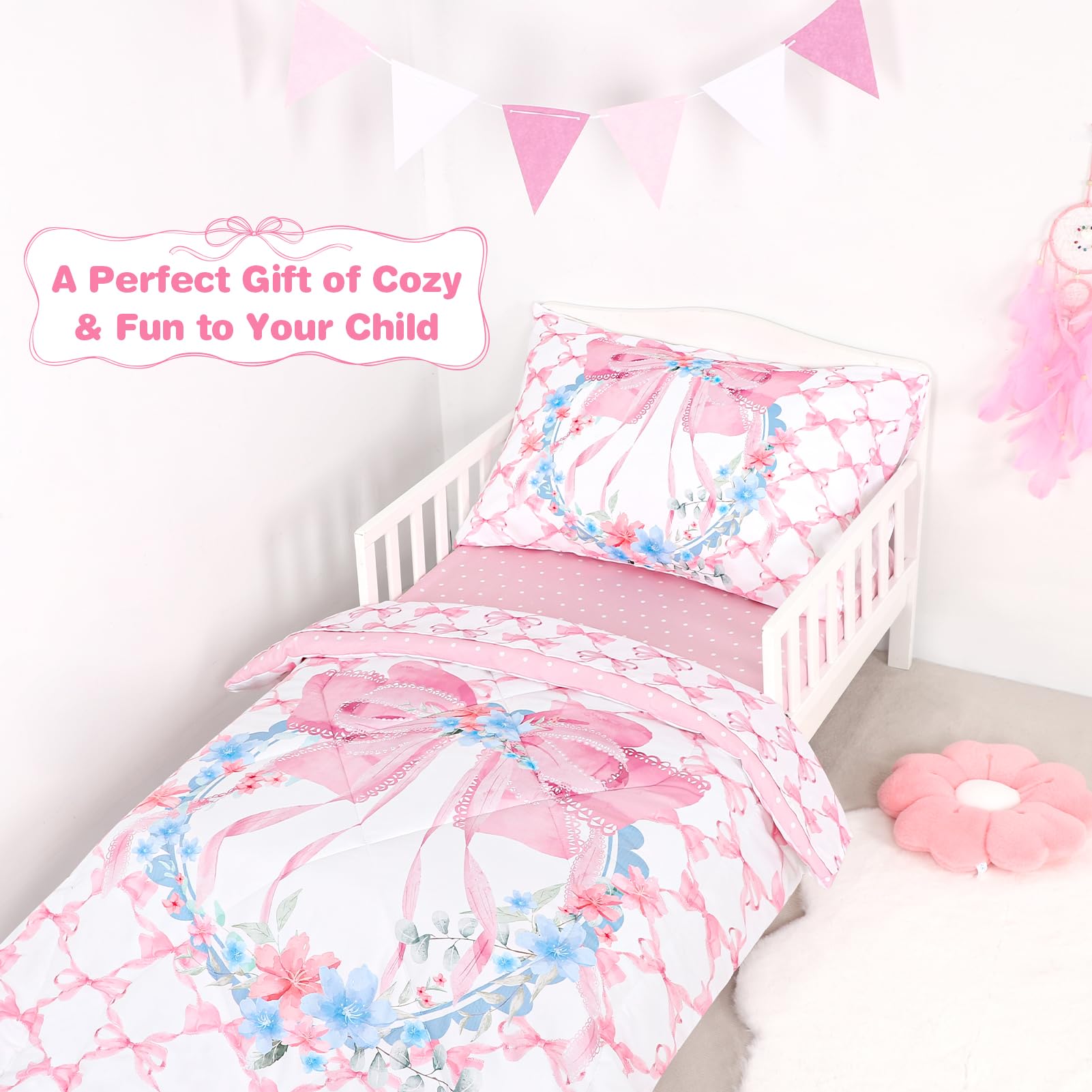 Juego de ropa de cama para niñas, lazo rosa