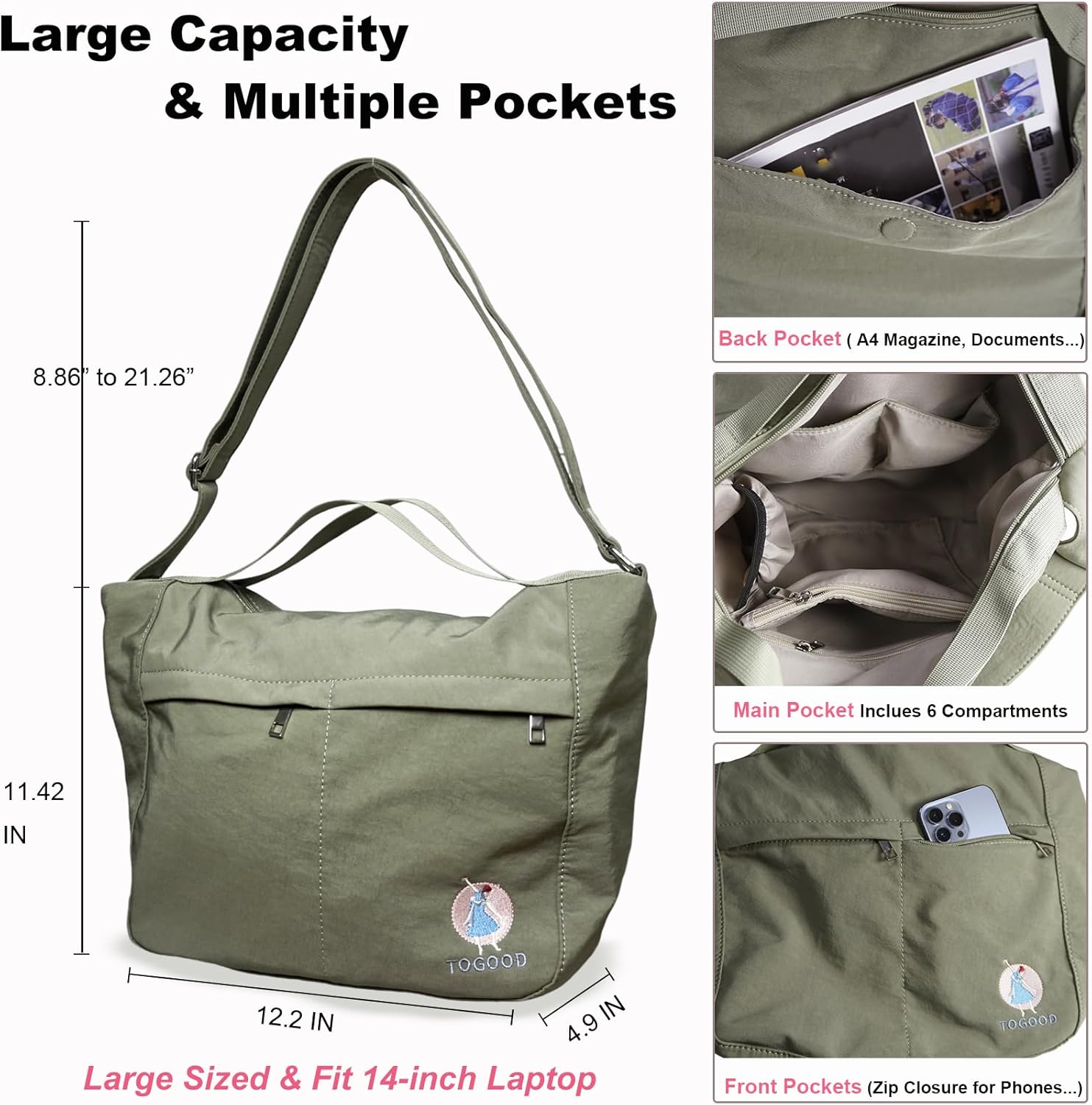 Togood Casual Crossbody Bags for Women Men, Large Tote Shoulder Bag Embroidery Hobo Purses, Lightweight Waterproof Purse