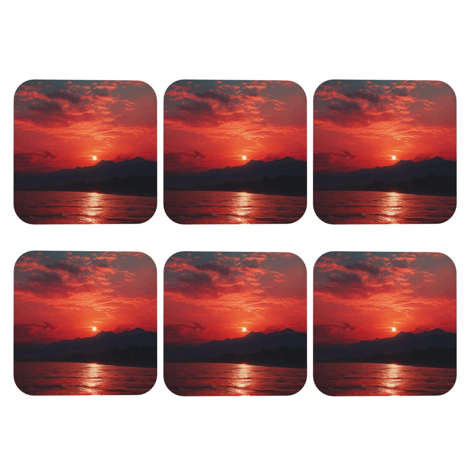 6pcs Leather Coasters for Drinks, Fiery Red Sunset Drink Coasters for Tabletop Protection, 4" Cup Coasters for Coffee Table Decor, Non-Slip Drinking Cup Mat for Hot Or Cold Drink