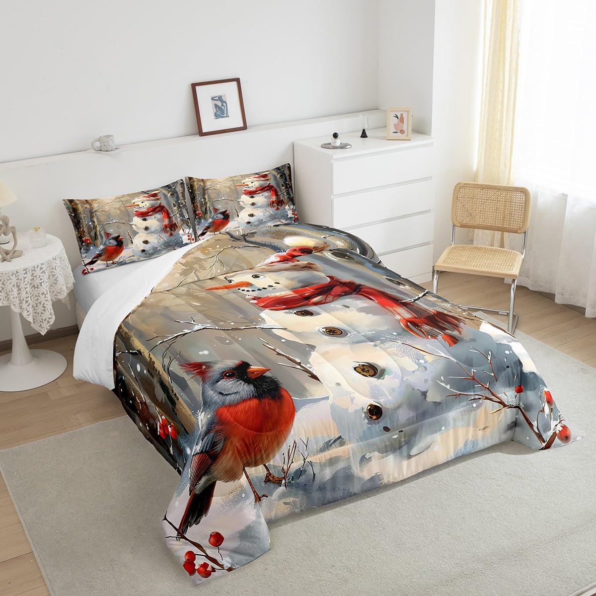 Snowman Red Bird Comforter Set King Size,Retro Rustic Woodland Duvet Insert for Kids Girls Boys Adults Room Decor,Merry Christmas Bedding Set 3Pcs,Winter Theme Vintage Quilt Set,2 Pillowcases
