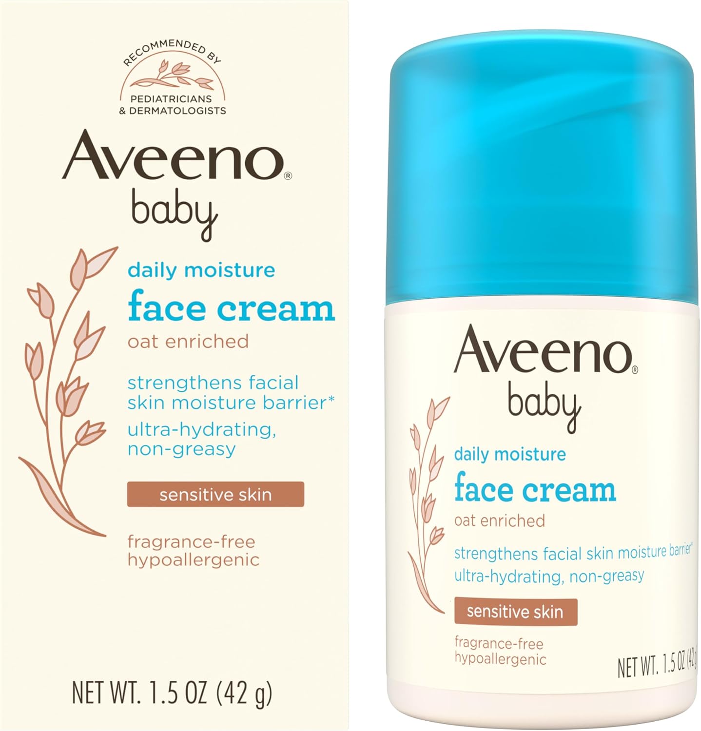 Aveeno Baby Daily Moisture Face Cream, Oat Enriched Moisturizing Cream for Babies’ Sensitive Facial Skin, Strengthens Skin’s Moisture Barrier, Ultra-Hydrating, Non-Greasy, Fragrance-Free, 1.5 oz