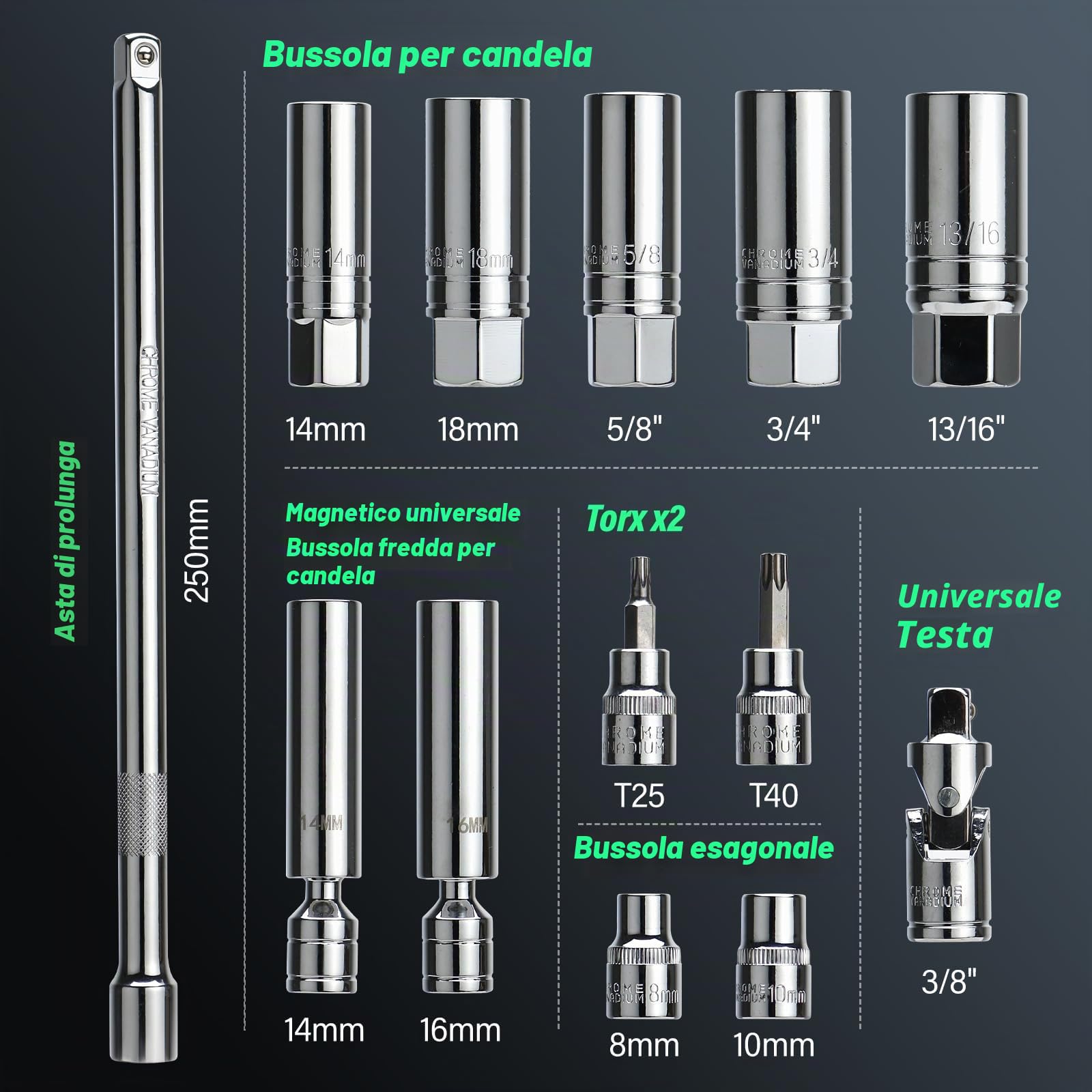 Chiave dinamometrica 3/8", 5-60 NM, set di chiavi dinamometriche per bicicletta e motorad, precisione di errore ±3%, con asta di prolunga, manicotto magnetico per candele (10-60 Nm (14 pezzi)