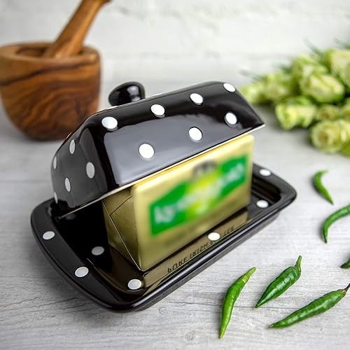 Miniatura 5 de Mantequillera europea hecha a mano con tapa  Mantequilla de cerámica de lunares blancos y negros  Regalo de inauguración de la casa por City to