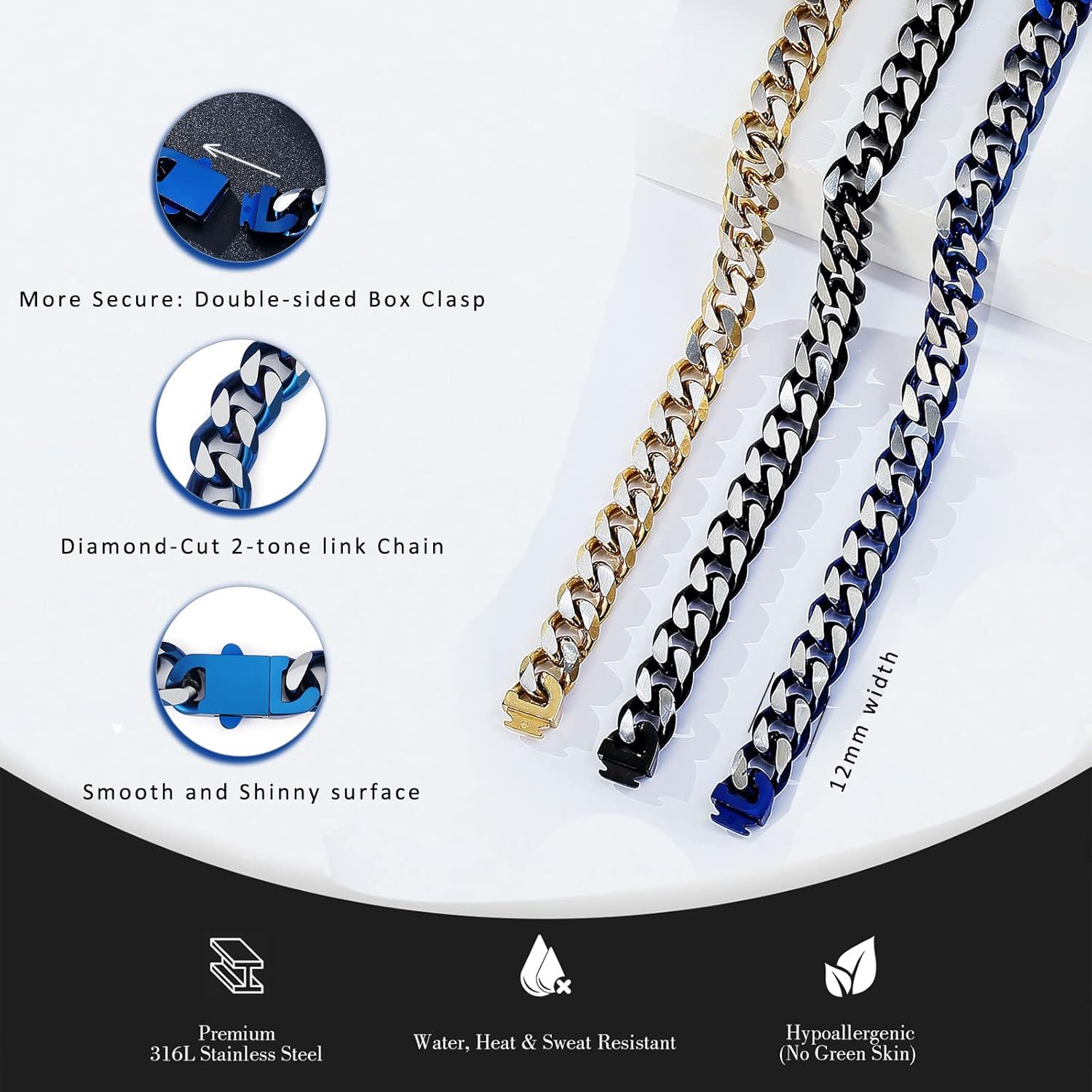 YAMI Bracelets for Men, Cuban Link Chain Diamond-Cut Bracelet, Titanium Steel Mens Jewelry Cool Stuff, Gifts For Boyfriend/Husband/Father On Anniversary/Birthday 7.5/8/8.5/9 Inches, Silver/Blue/Black