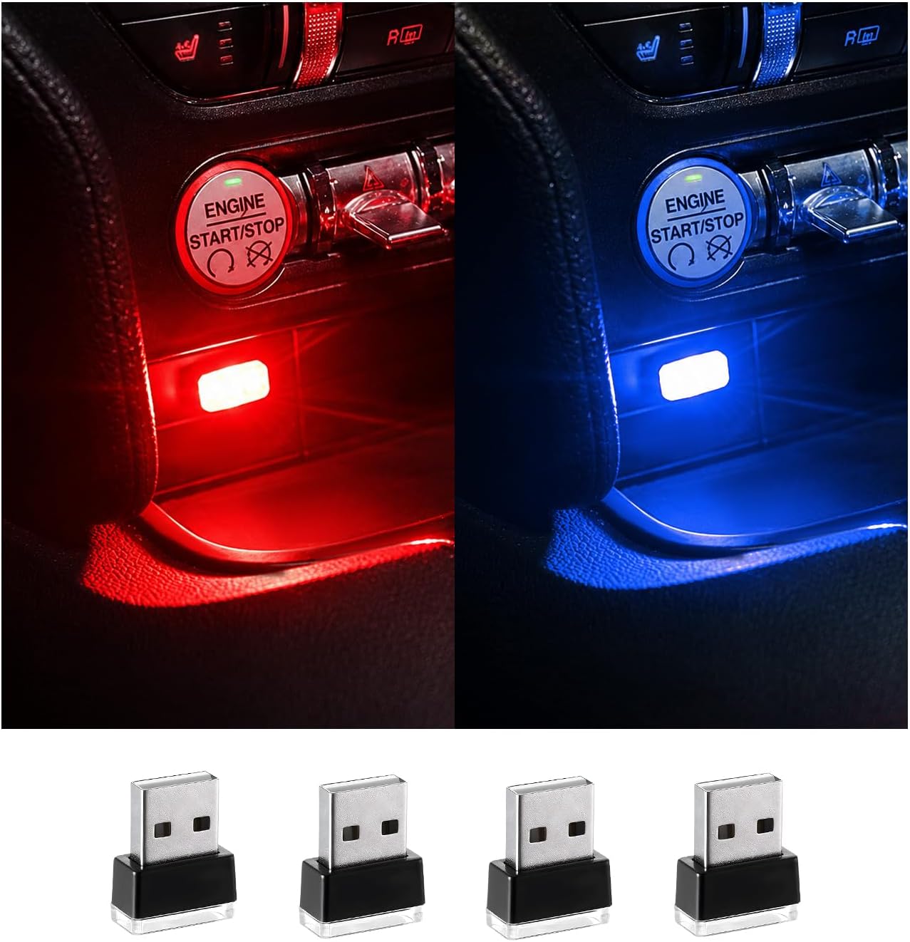 Augeny 4 PCS USB LED Car Interior Atmosphere Lamp, Plug-in USB Decor Night Light, Portable Auto Ambient Lighting Kit, Universal Vehicle Interior Accessories for Most Cars (Red & Blue)