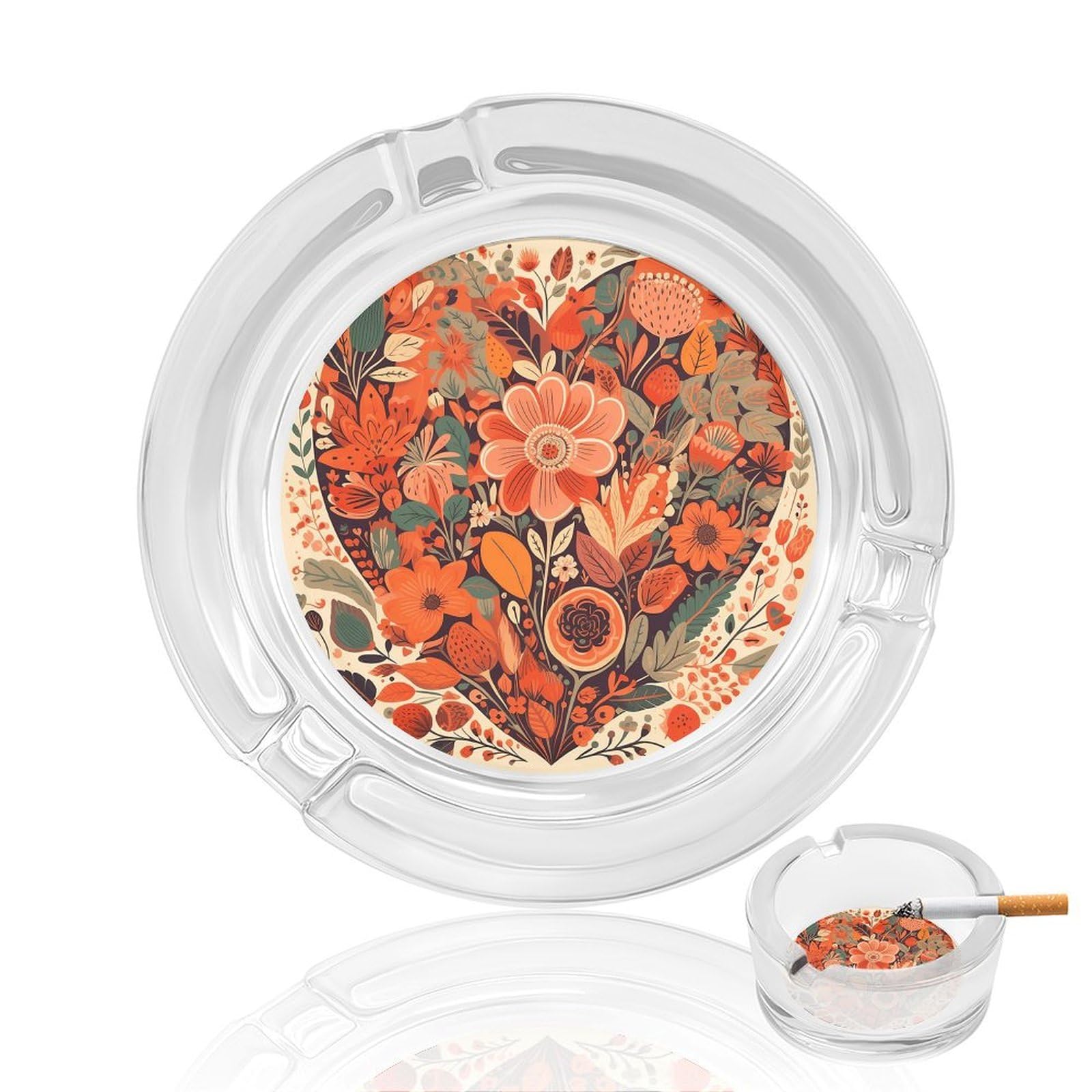 Folk Style Flowers Glass Ashtray for Cigarette,Cigarette Ashtray for Indoor Or Outdoor Use,Cigar ash trays case with 3 Notches-Glass Decor Gift for Men Smokers