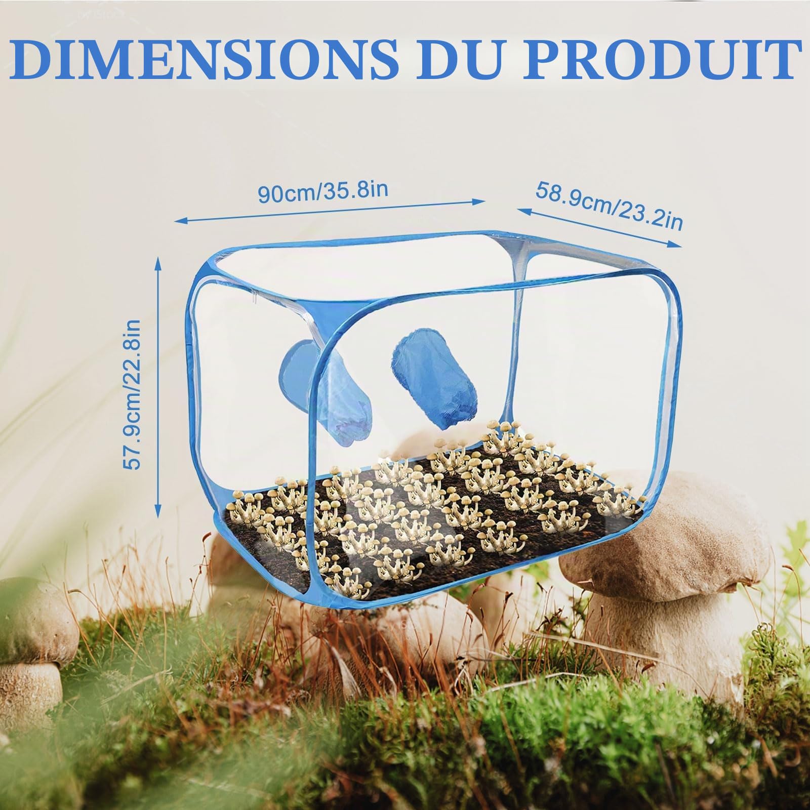 Tente de Culture de Champignons, Portable Pliable Still Air Box avec 2 Ports à Bras Kit de Culture de Champignons à la Maison, PVC Matériau Sac de Culture pour Amateurs de Champignon (Bleu)