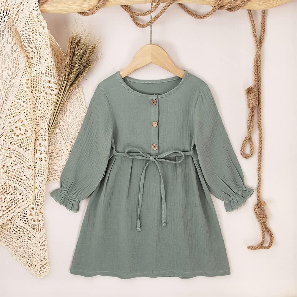 幼児 赤ちゃん 女の子 コットン リネン ドレス 長袖 クルーネック ドレス ボタンダウンドレス カジュアル 春 秋 ドレス