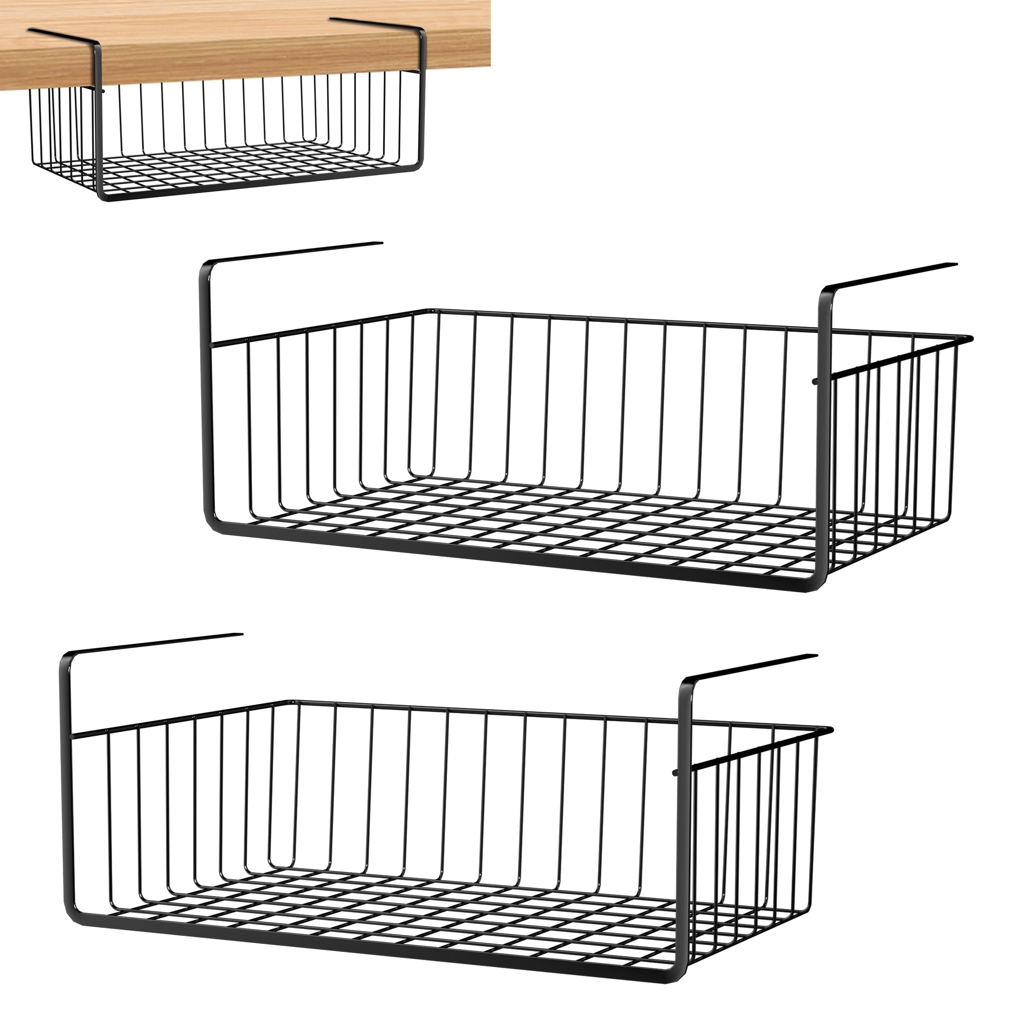 FIVMEN 2 Estantes Inferiores, Cesta Colgante de Metal, Cesta de Almacenamiento, Organizador para Cocina, Oficina, Despensa, Baño, Armario, 40 x 25 x 15 cm, Negro