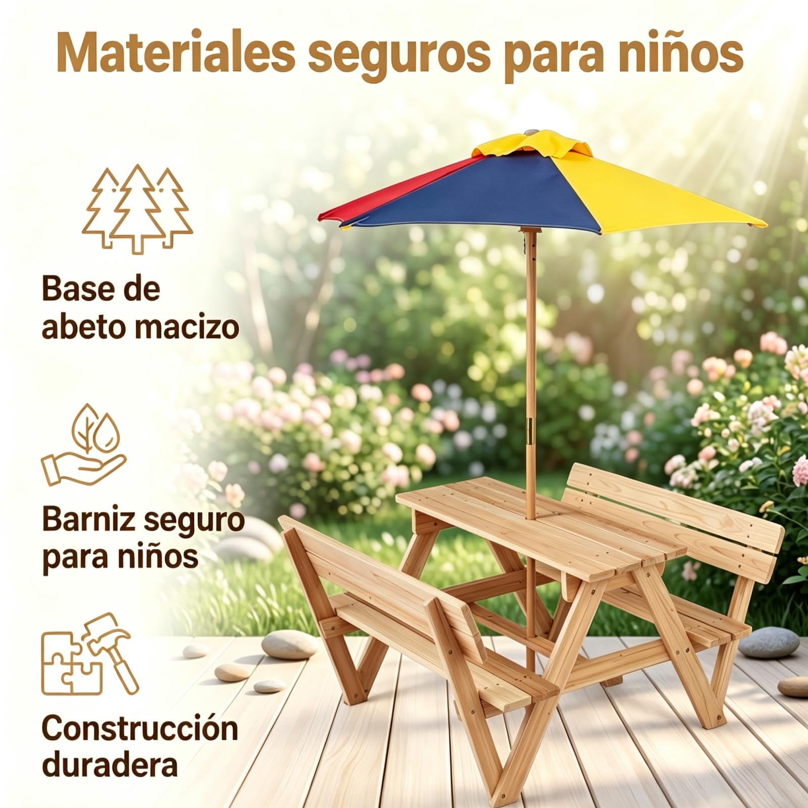 LIFEZEAL Mesa Picnic Infantil Madera, con Sombrilla | Set 2 Bancos Integrados y Respaldo, Estructura Abeto Resistente, Mueble Exterior Niños 3-8 Años Jardín Patio Playa