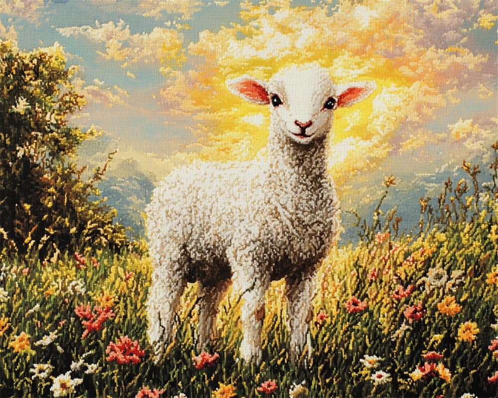 Henypt Home Cross Stitch Kits for Adults Pre Printed, A Lamb in The Field DIY 11Ct Embroidery Sewing Starter Kit Stamped Needlework Easy Beginners (Stamped Home)