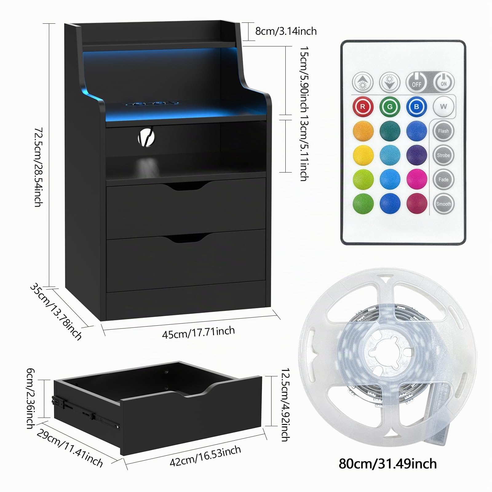 Nachttisch LED mit Steckdose & USB, Nachtschrank mit 2 Schubladen und offenem Ablagefach, Smart Nachttische mit LED-Beleuchtung, Nachttische Schwarz 45x35x73cm, Modern Nachtschrank Tisch