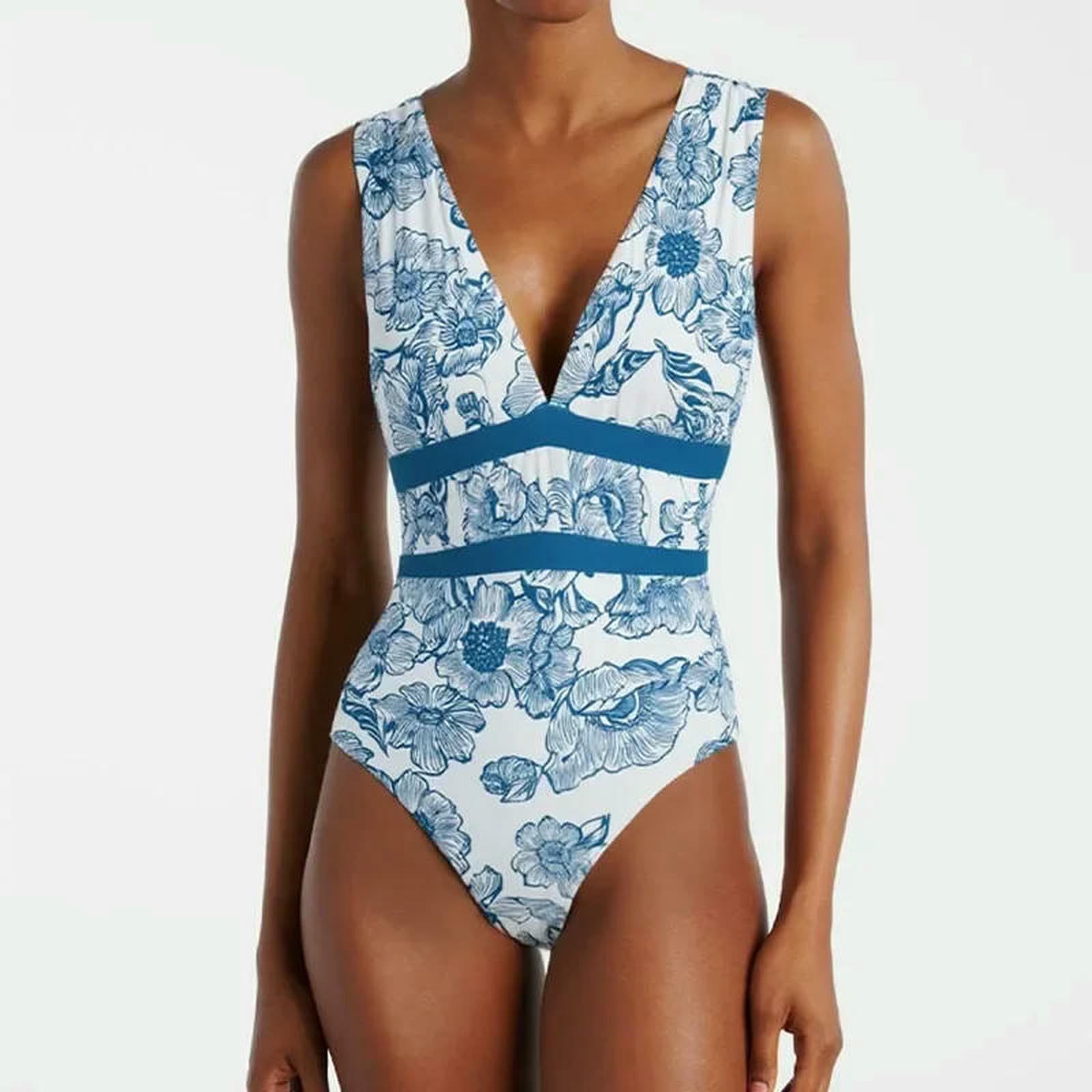 bañador Traje De Baño Blanco Y Azul Floral, Cuello En V Profundo Sin Mangas con Bandas Cintura Contraste, Monokini Adelgazante, S-XL-Swimsuit and Skirt_a-s