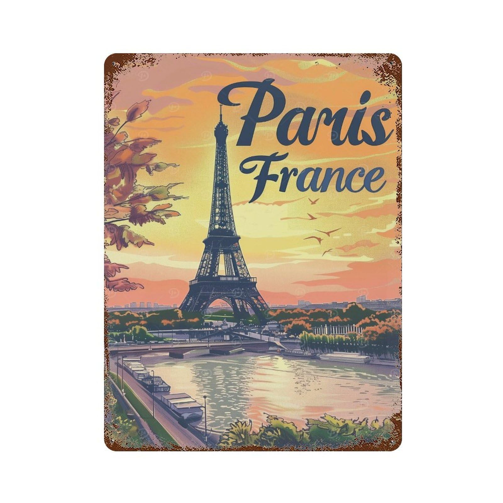 Vintage Metal Tin Sign Eiffel Tower Paris France 15.7"x11.8", Industrial Home Decor for Farmhouse, Kitchen And Entryway Decor