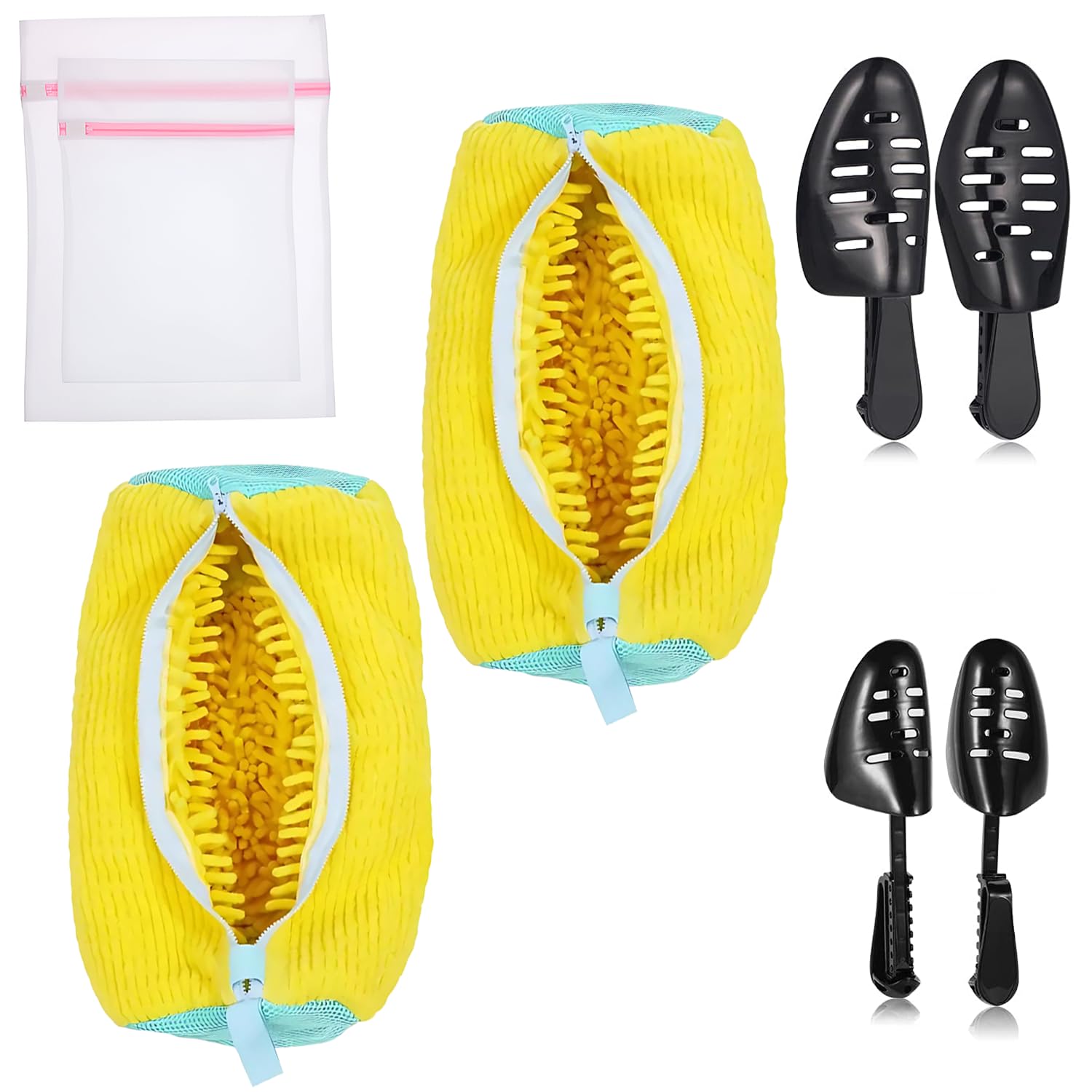 (All in One) 2 Reusable Shoe Washing Machine Bag, 2 Durable Mesh Laundry Bags for Delicates, 2 Pairs Practical Adjustable Length Shoe Tree, Durable Zipper Shoe Washing Bag