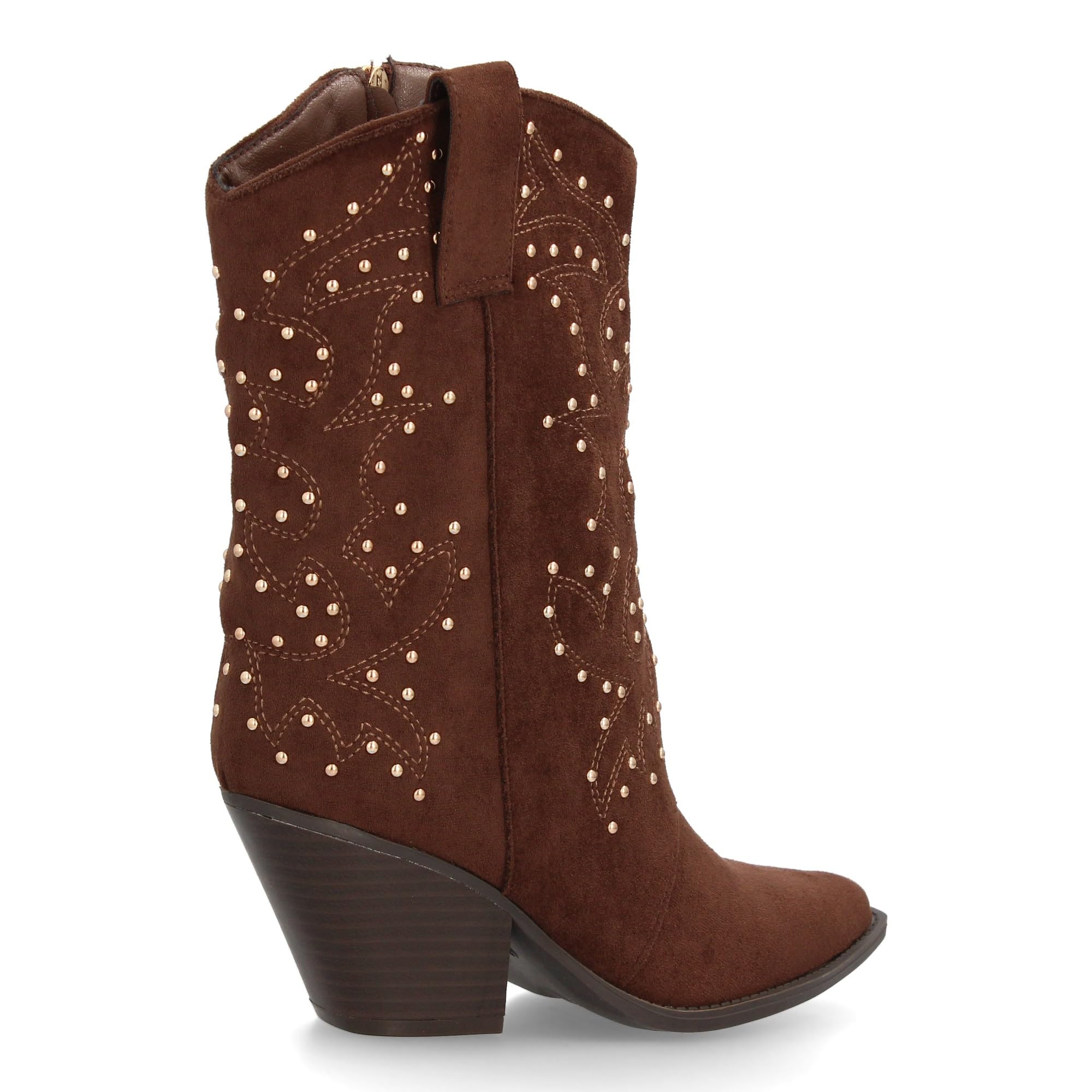 Bota Cowboy para Mujer con Diseno de Cana Media con Tachuelas metalicas. Punta Fina y Tacon Cubano. Tirador Lateral y Cierre de Cremallera. Ideal Otono Invierno.
