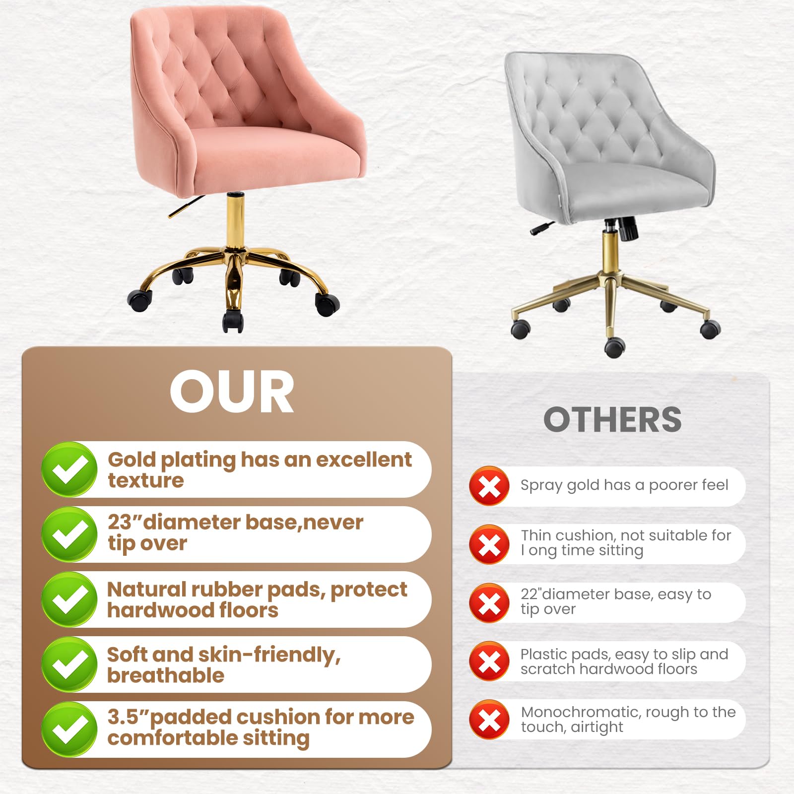 Homeoffice Bürostuhl aus Samt, ergonomischer Schreibtischstuhl höhenverstellbar, Drehstuhl mit Rollen & goldenen Beinen, moderner Schminktischstuhl für Arbeitszimmer (Rosa)
