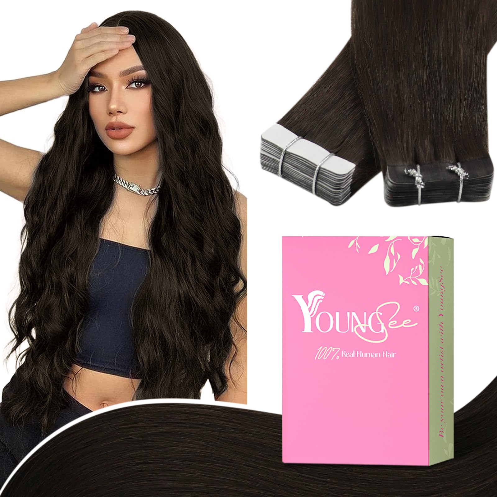 YoungSee Tape in Hair Extensions Dark Brown Tape in Natural Hair Extensions Brown Tape Extensions Human Hair Darkest Brown Real Human Hair Tape in Extensions for Women 22in 20pcs 50g